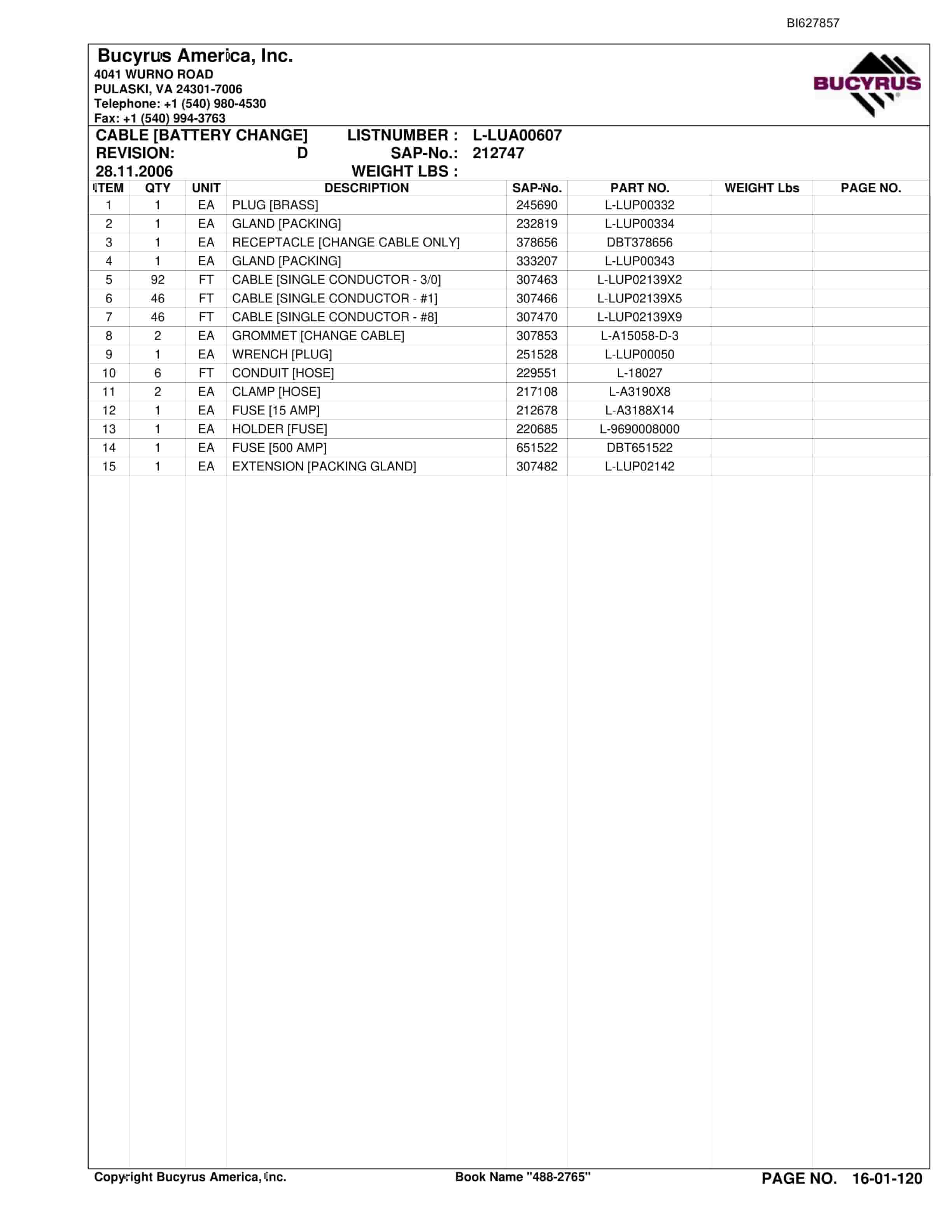 Bucyrus 488-2765 UN-A-TRAC Spare Parts List BI627857-2