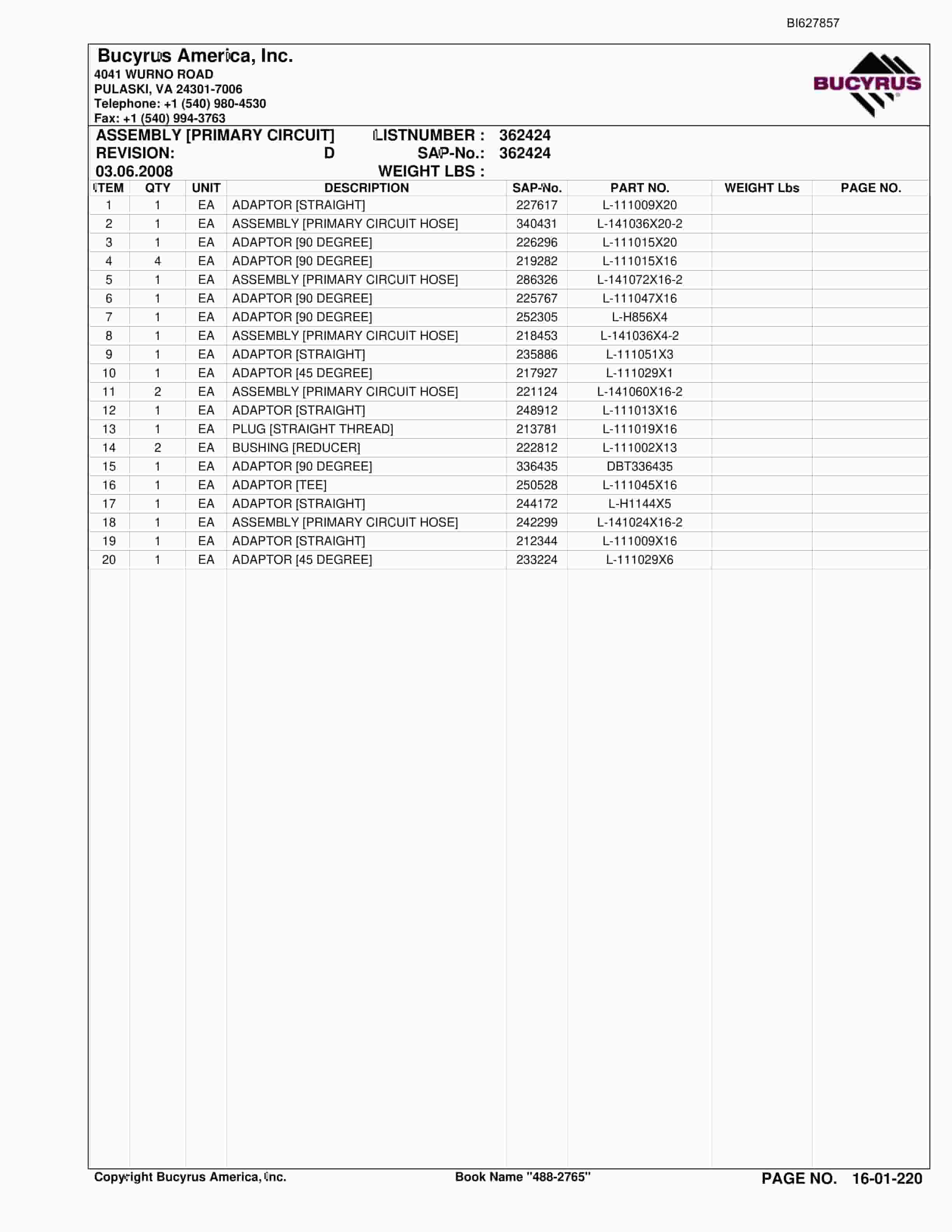Bucyrus 488-2765 UN-A-TRAC Spare Parts List BI627857-4