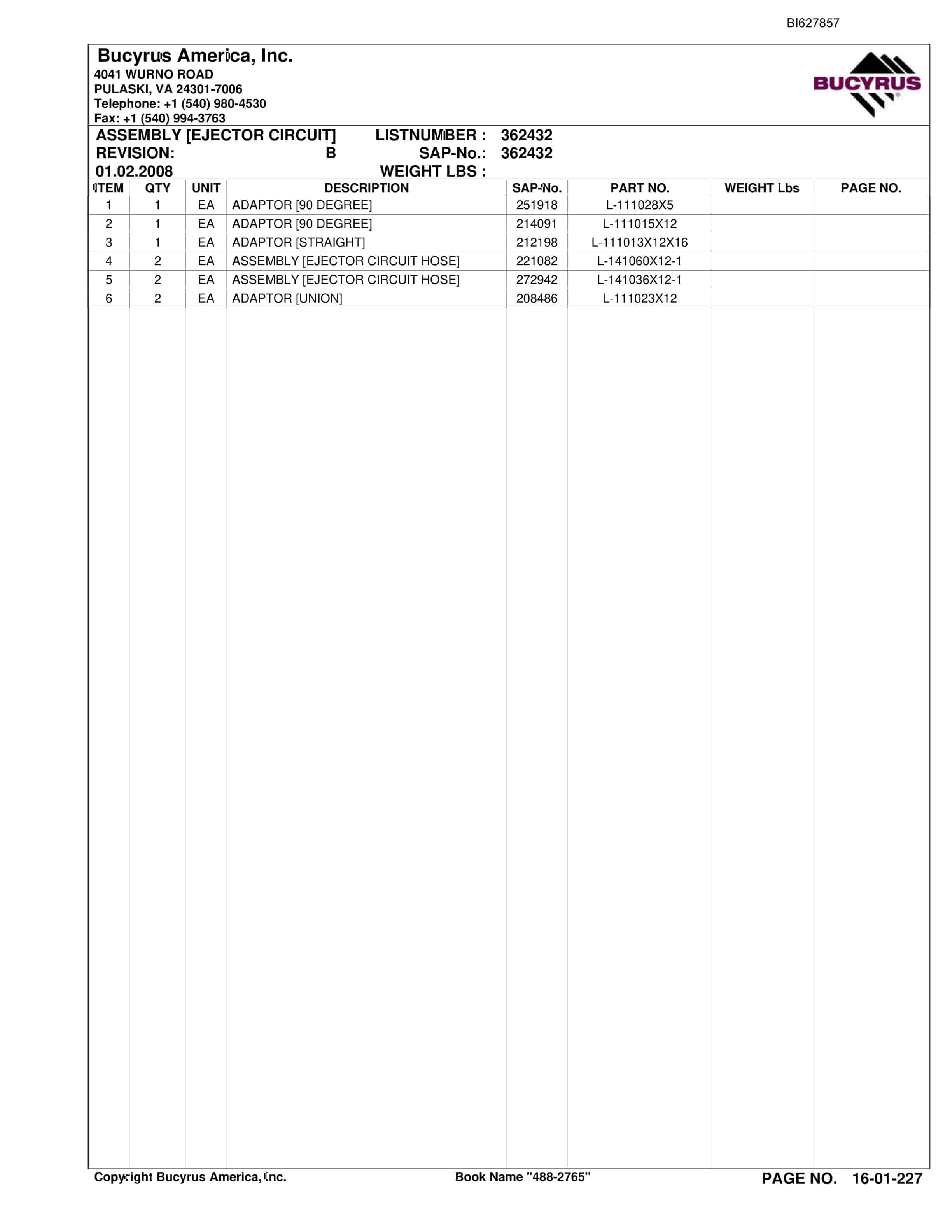 Bucyrus 488-2765 UN-A-TRAC Spare Parts List BI627857-5