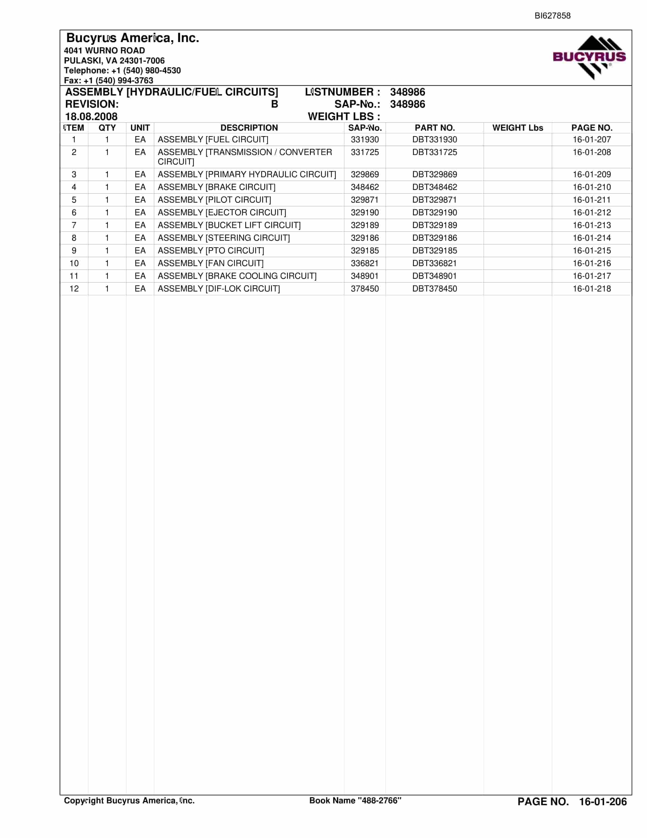 Bucyrus 488-2766 UN-A-TRAC Spare Parts List BI627858-4