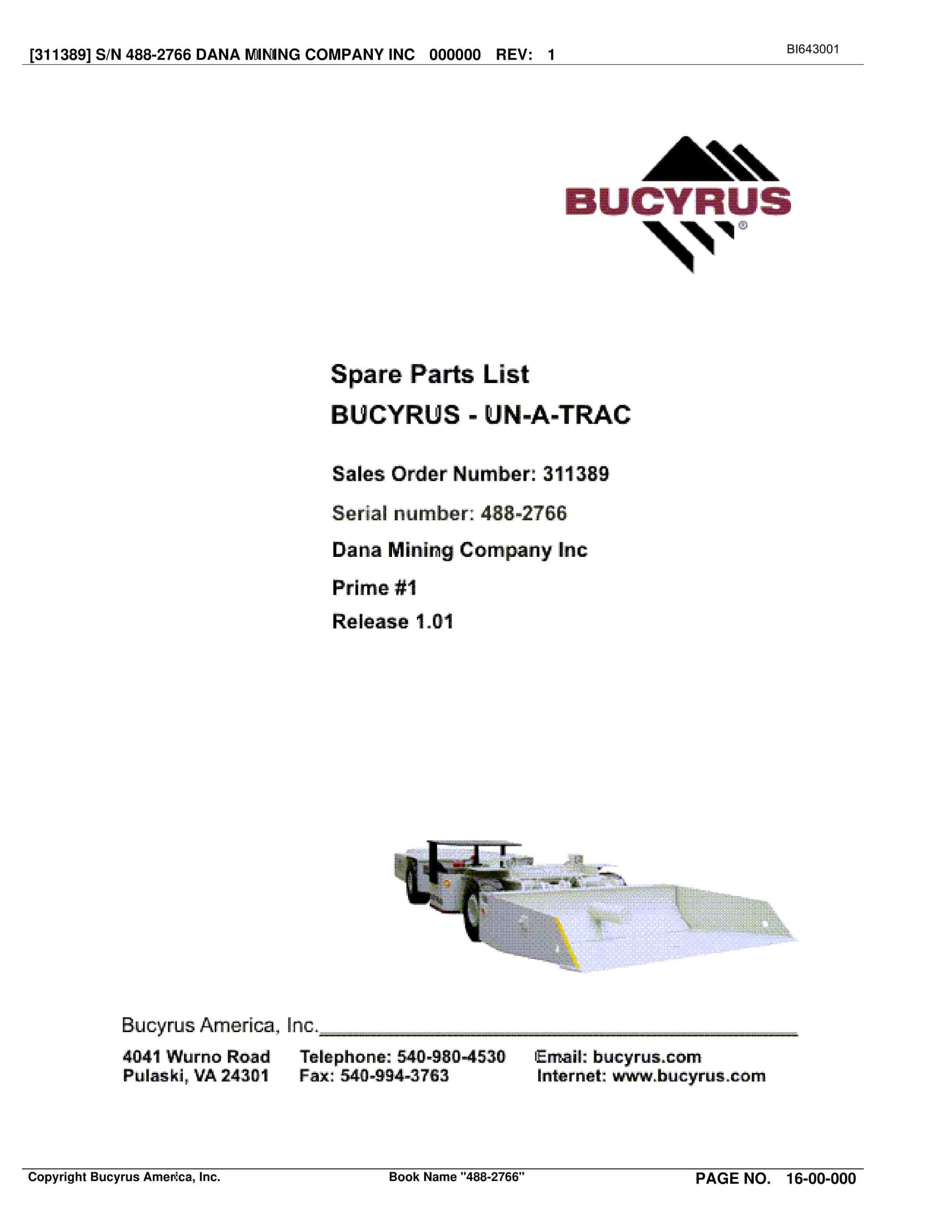 Bucyrus 488-2766 UN-A-TRAC Spare Parts List BI643001