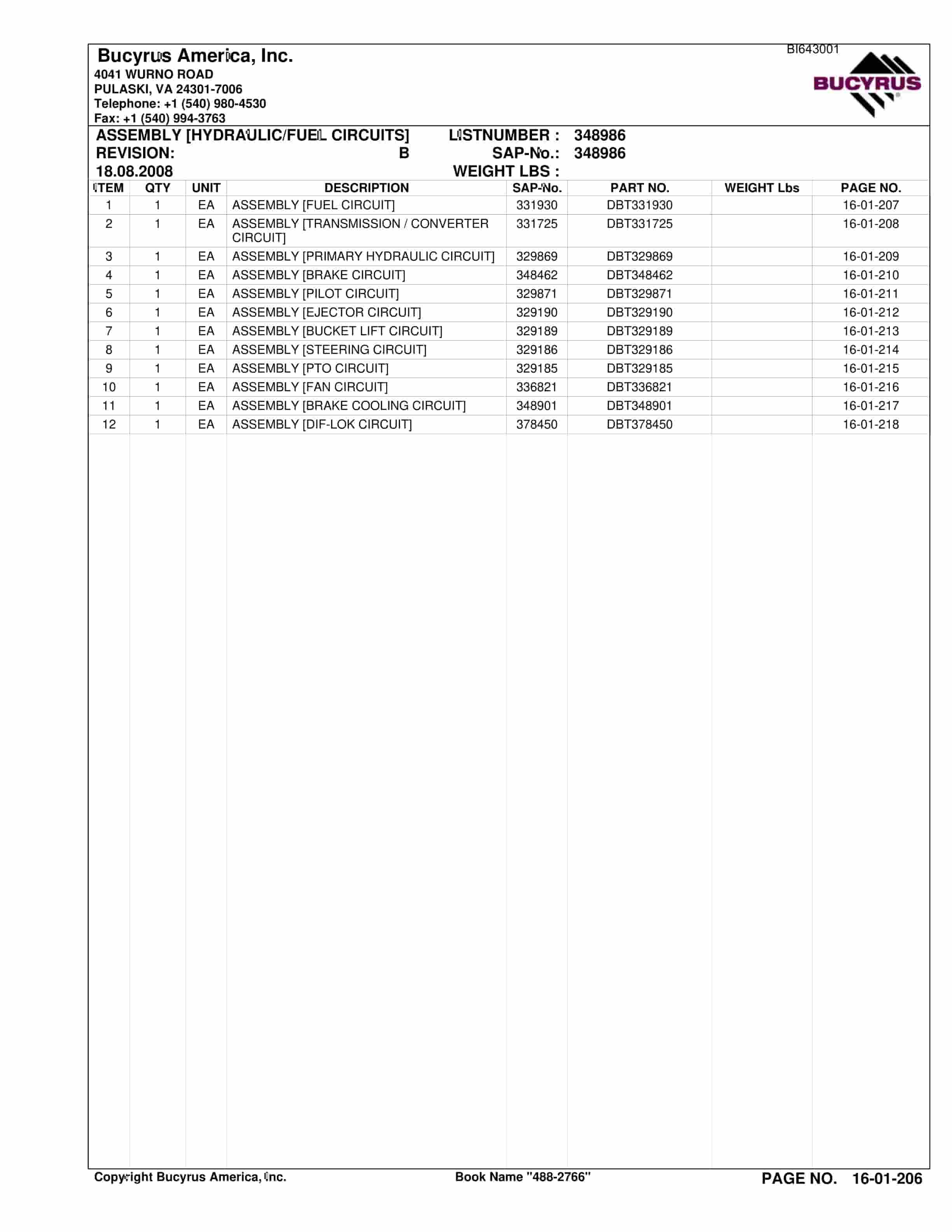 Bucyrus 488-2766 UN-A-TRAC Spare Parts List BI643001-4