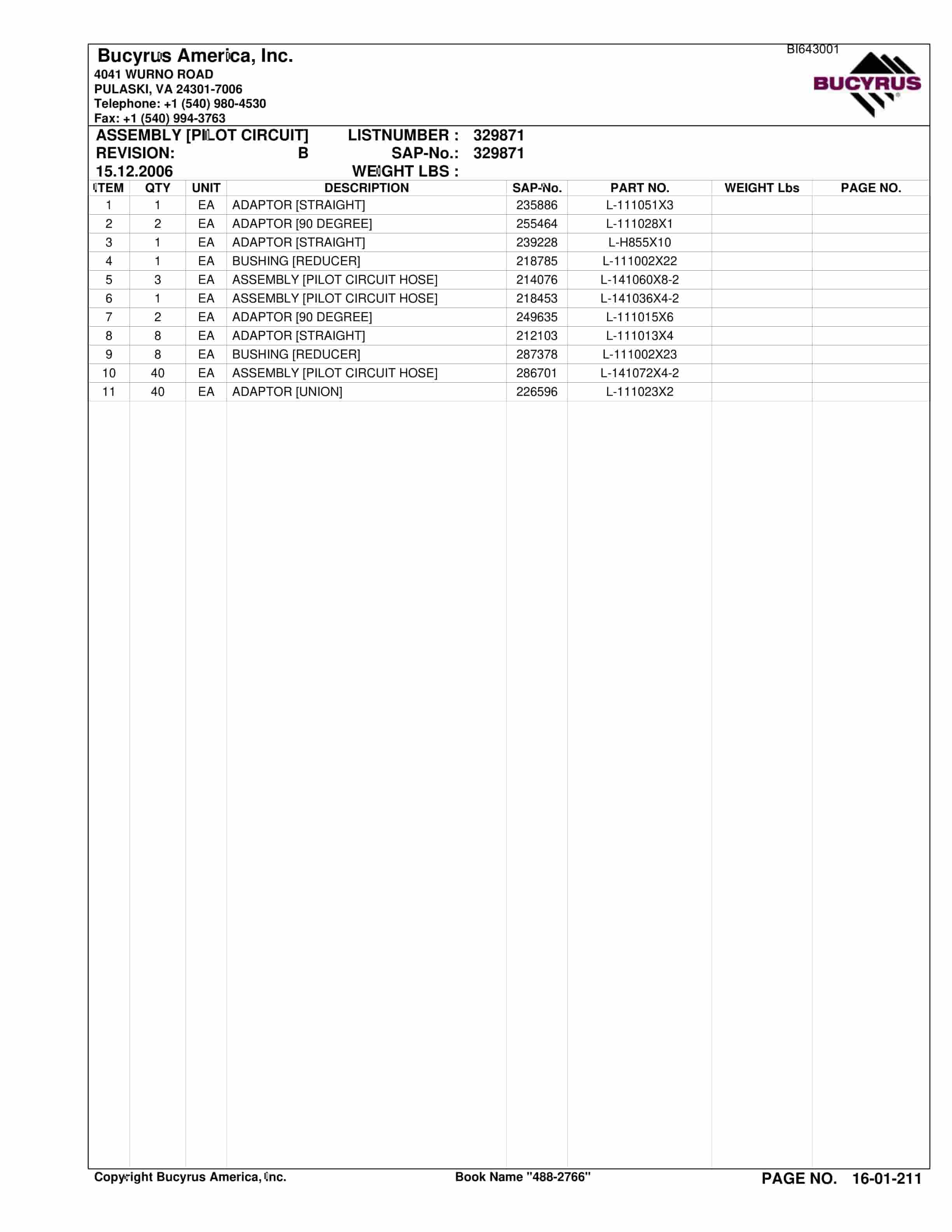 Bucyrus 488-2766 UN-A-TRAC Spare Parts List BI643001-5