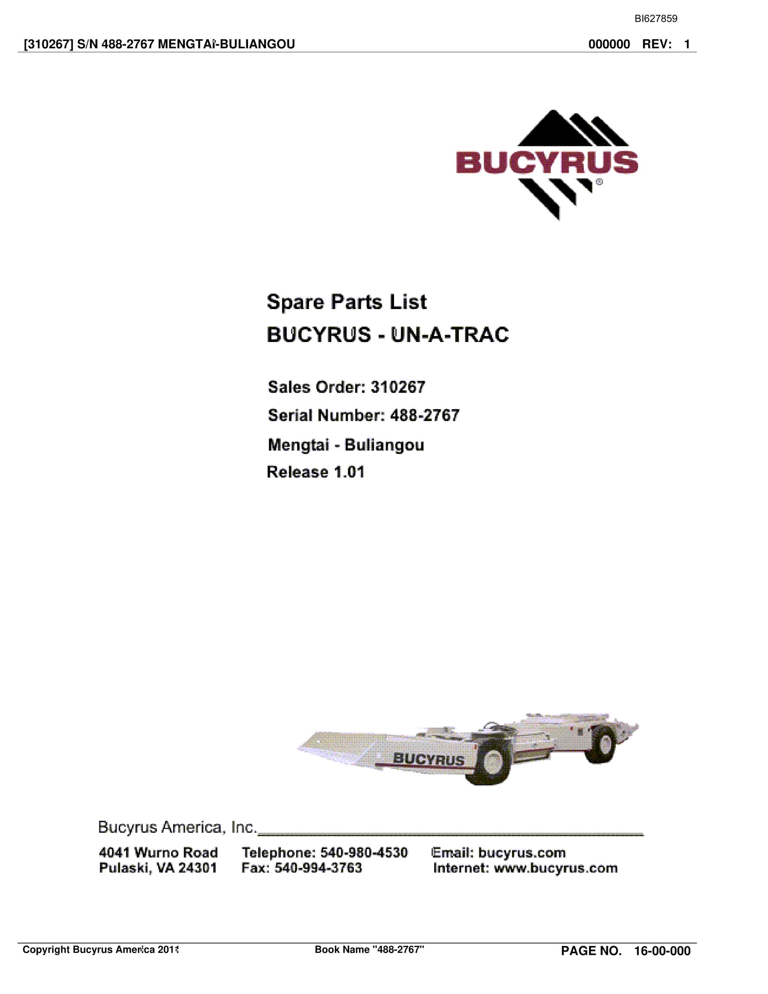 Bucyrus 488-2767 UN-A-TRAC Spare Parts List BI627859