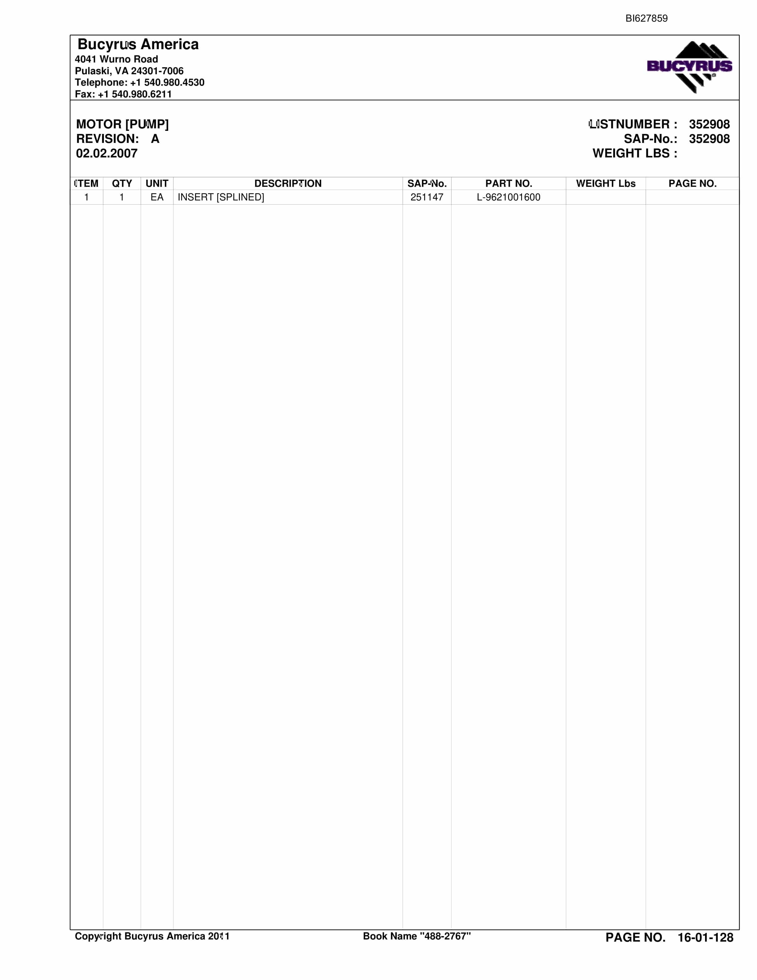 Bucyrus 488-2767 UN-A-TRAC Spare Parts List BI627859-2