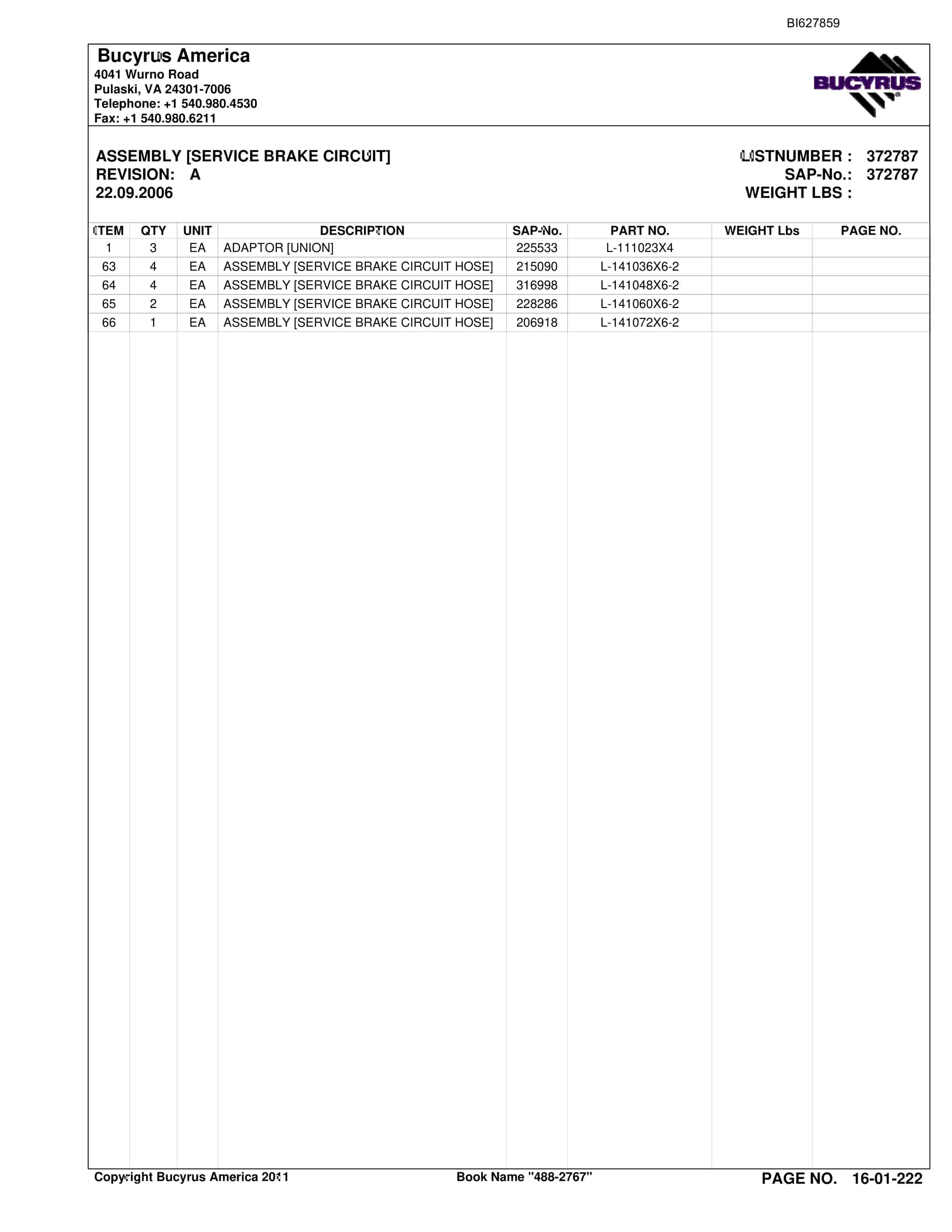 Bucyrus 488-2767 UN-A-TRAC Spare Parts List BI627859-3