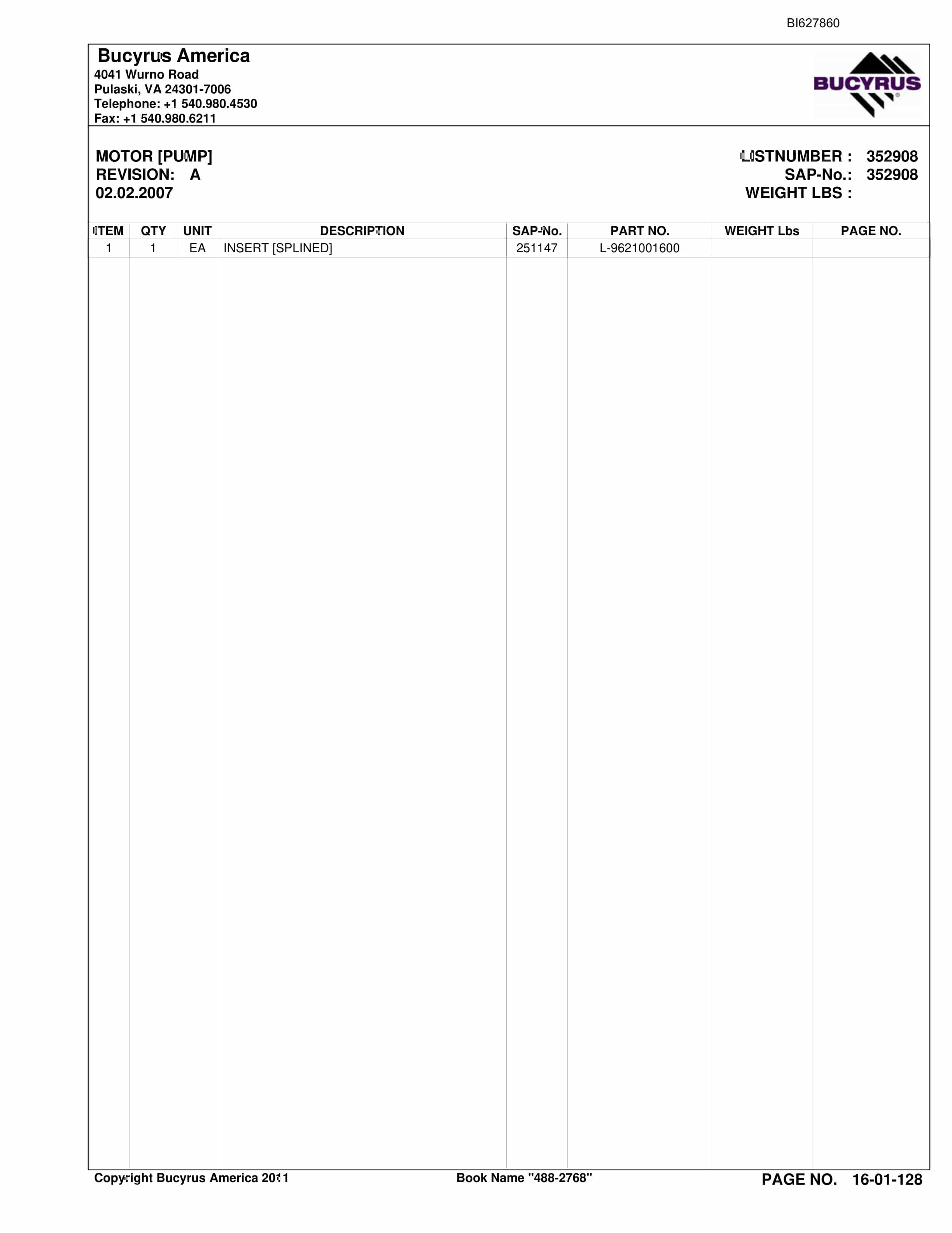 Bucyrus 488-2768 UN-A-TRAC Spare Parts List BI627860-2