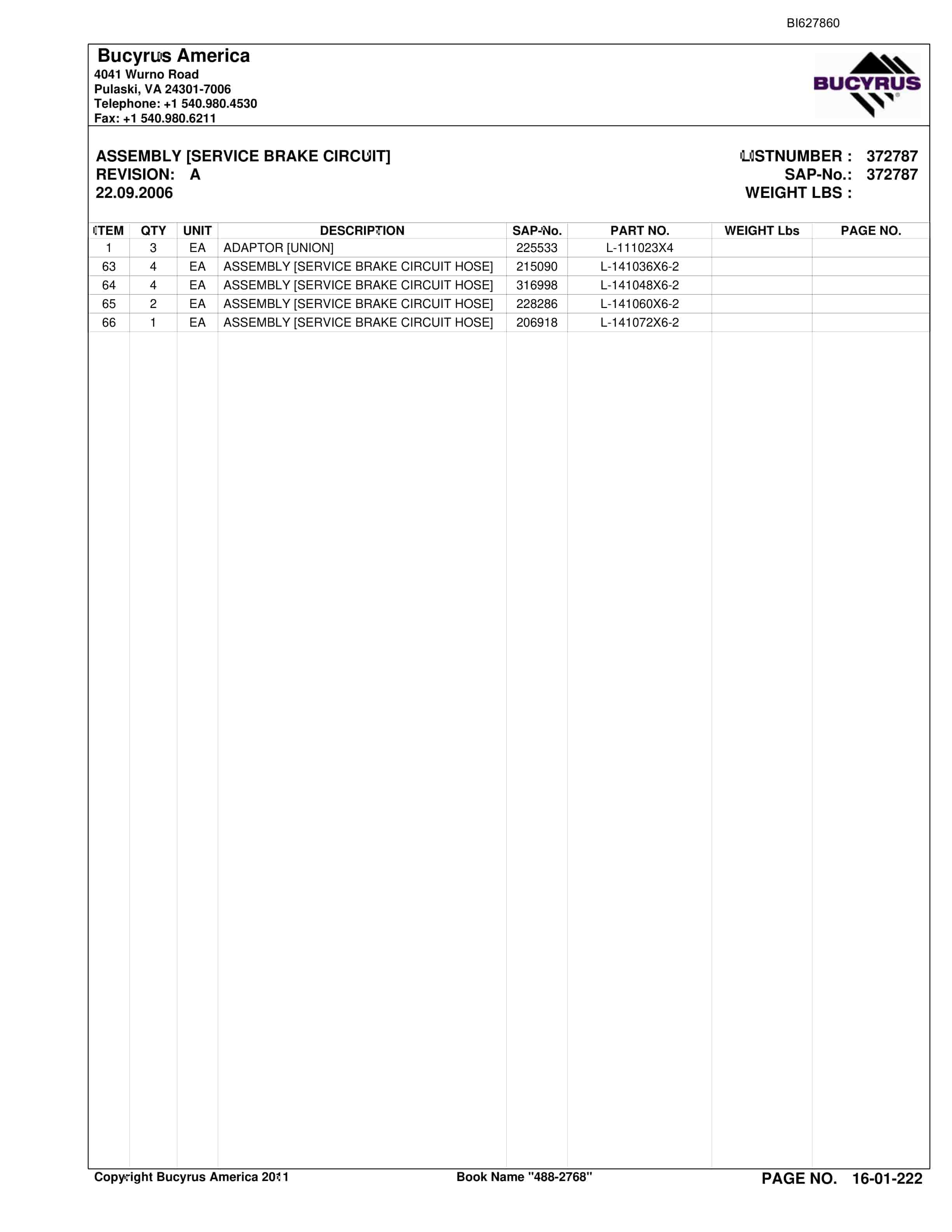 Bucyrus 488-2768 UN-A-TRAC Spare Parts List BI627860-3