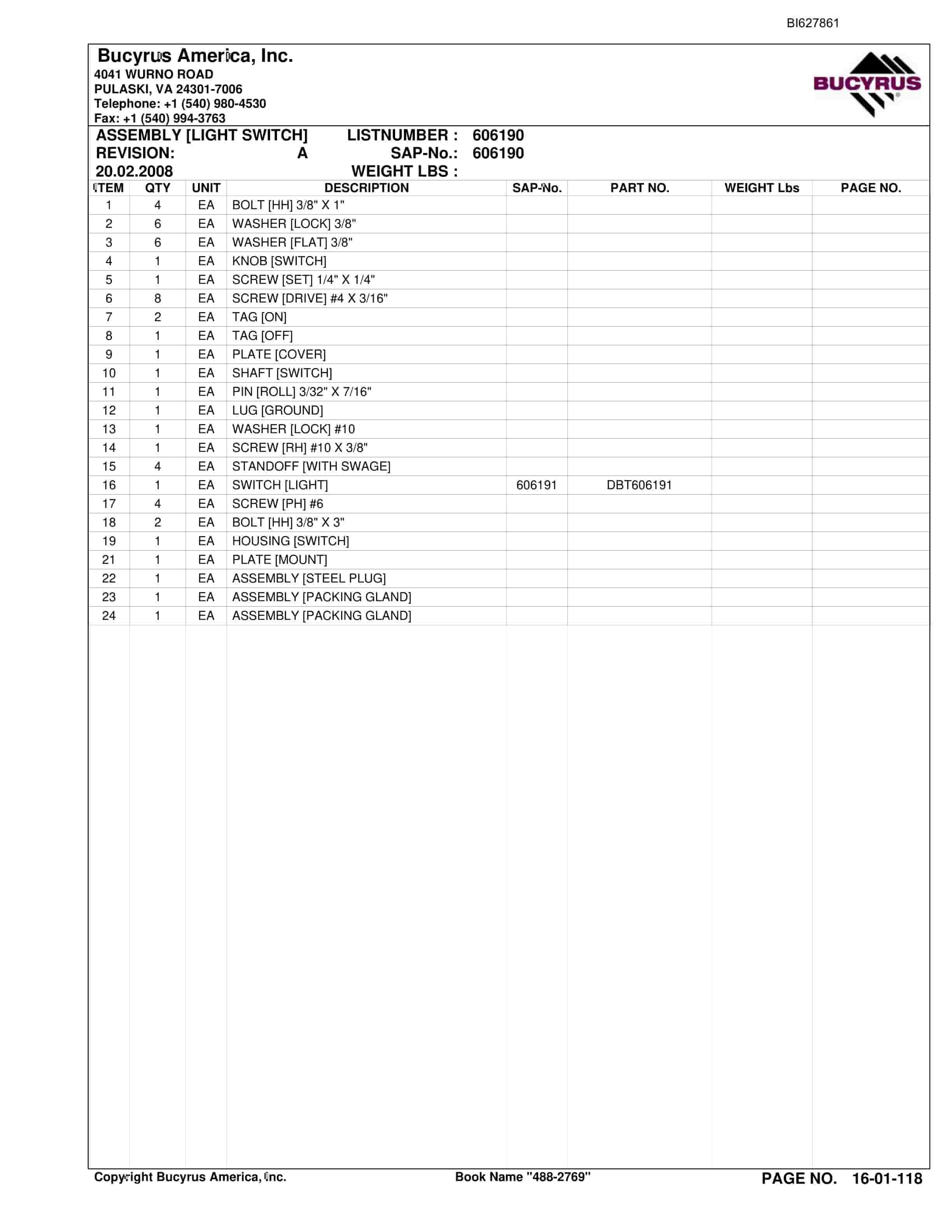 Bucyrus 488-2769 UN-A-TRAC Spare Parts List BI627861-2