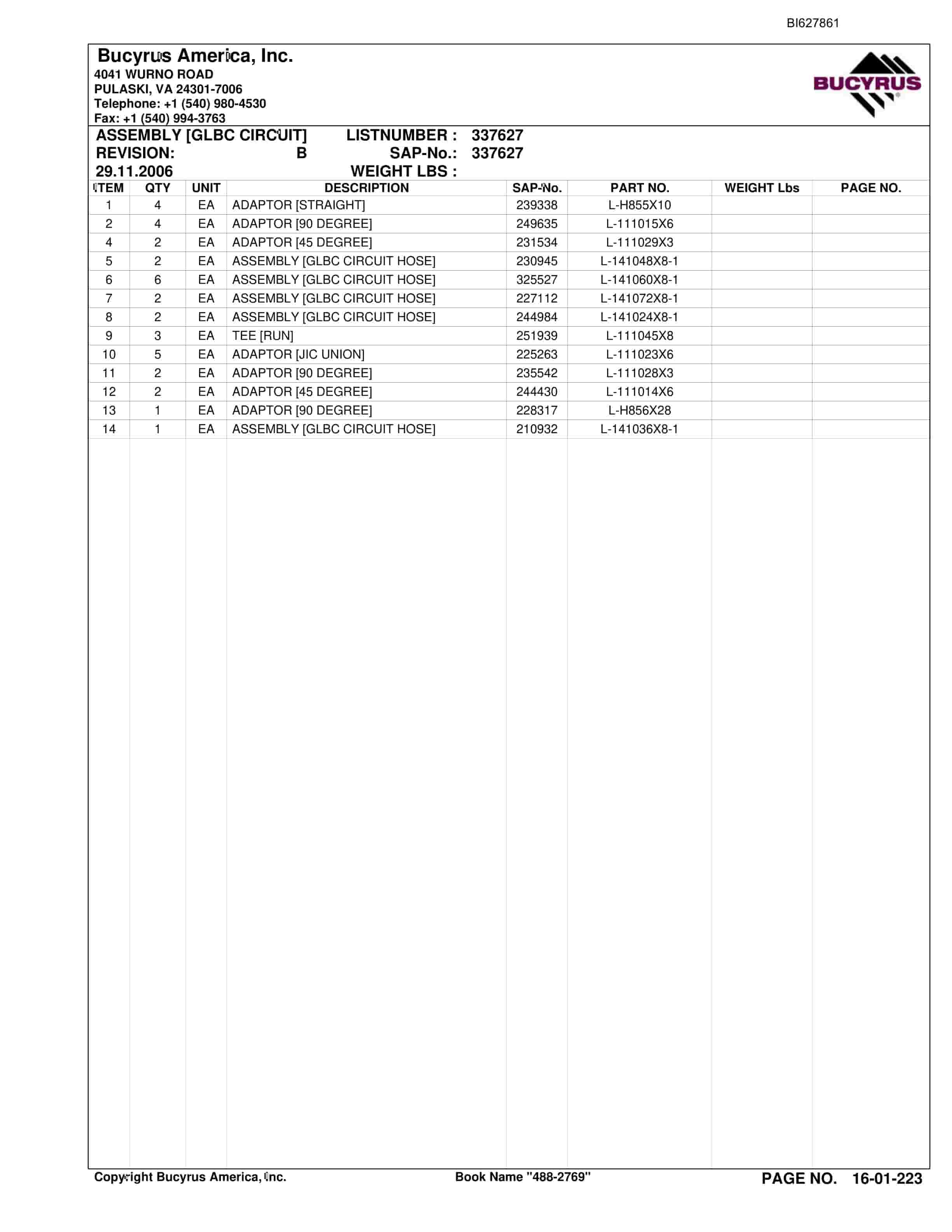 Bucyrus 488-2769 UN-A-TRAC Spare Parts List BI627861-4