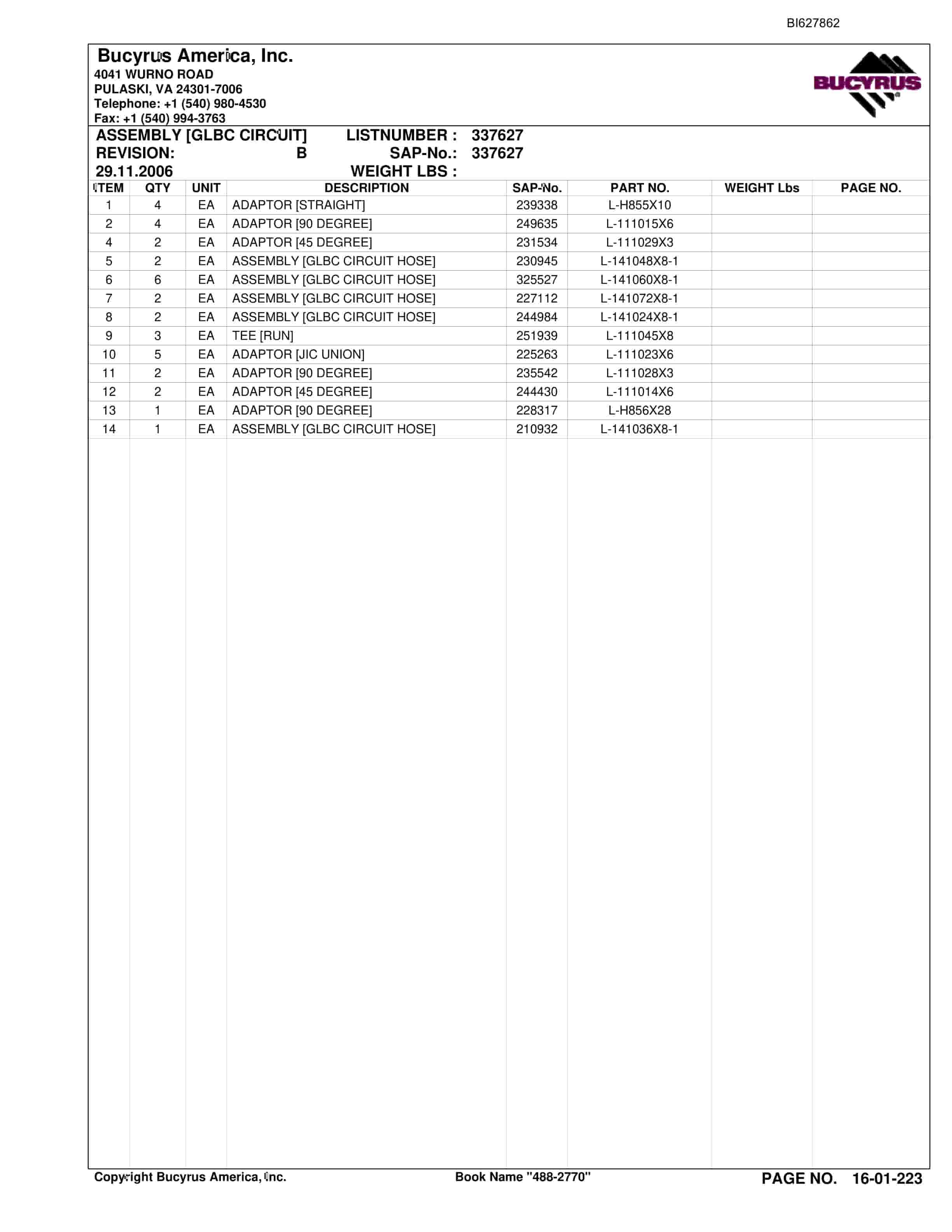 Bucyrus 488-2770 UN-A-TRAC Spare Parts List BI627862-4