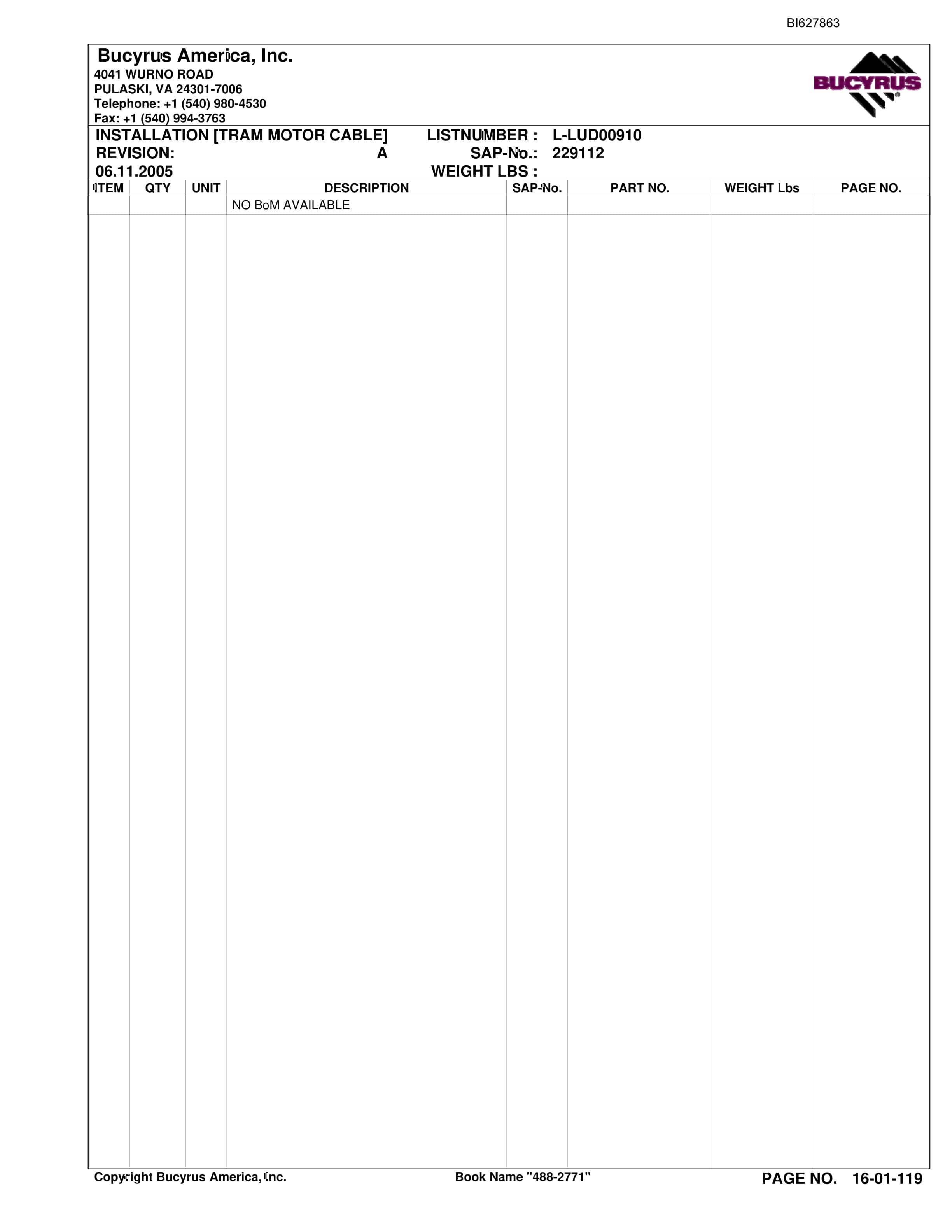 Bucyrus 488-2771 UN-A-TRAC Spare Parts List BI627863-2