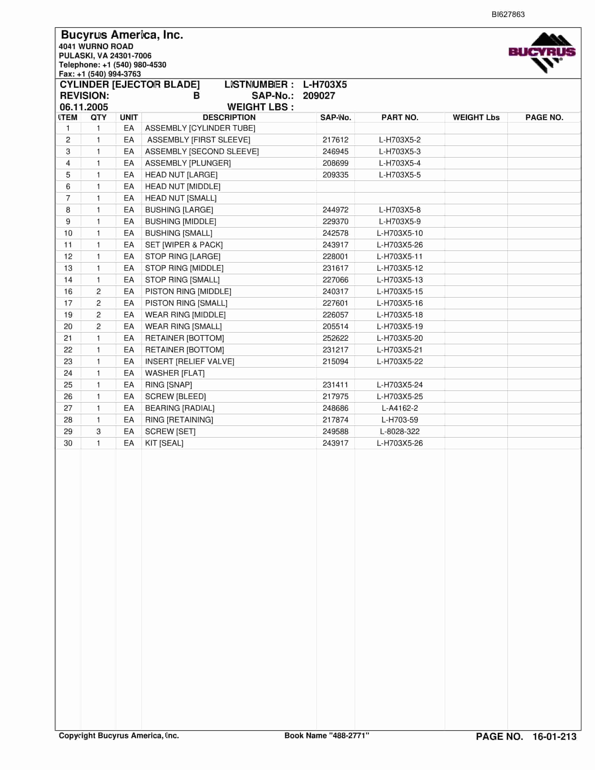 Bucyrus 488-2771 UN-A-TRAC Spare Parts List BI627863-3