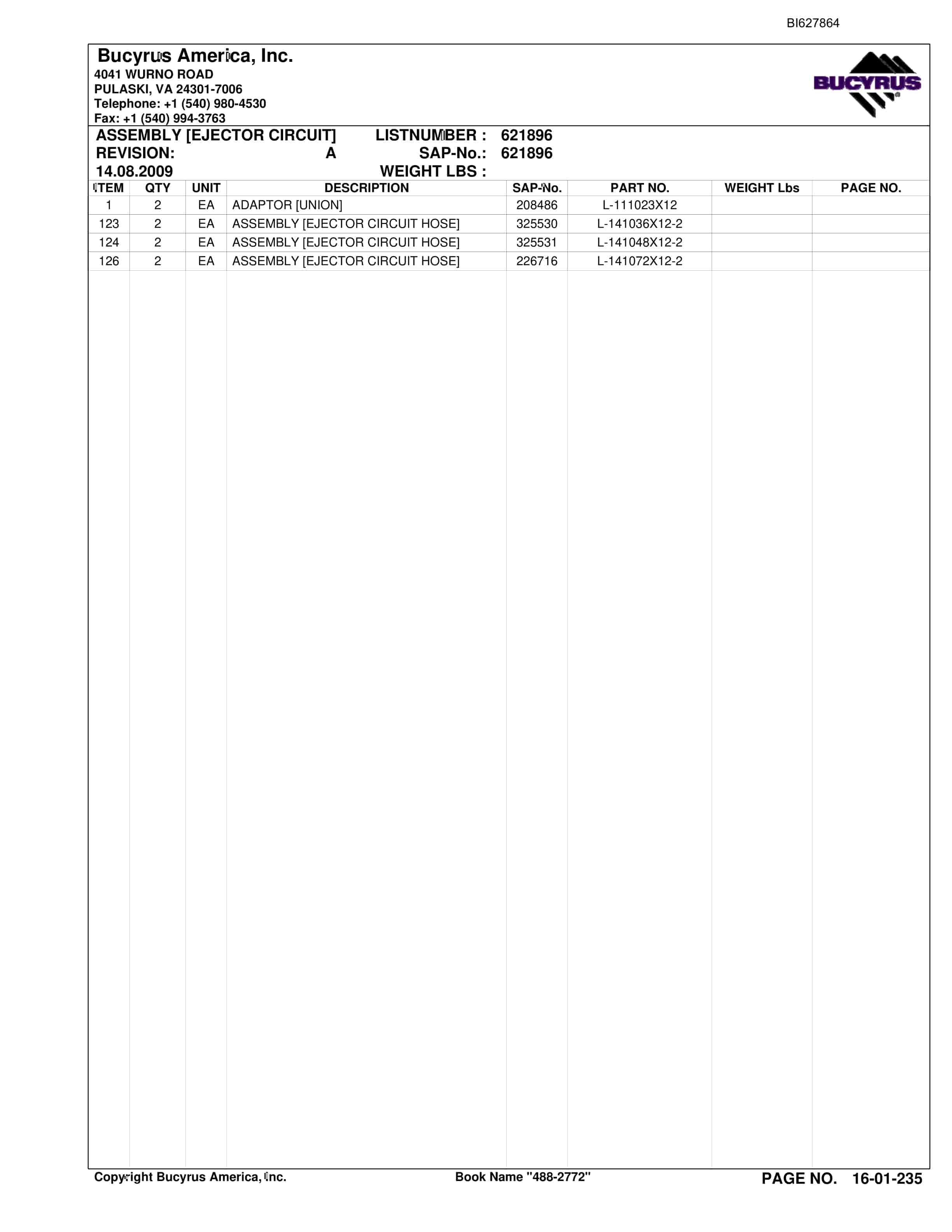 Bucyrus 488-2772 UN-A-TRAC Spare Parts List BI627864-4