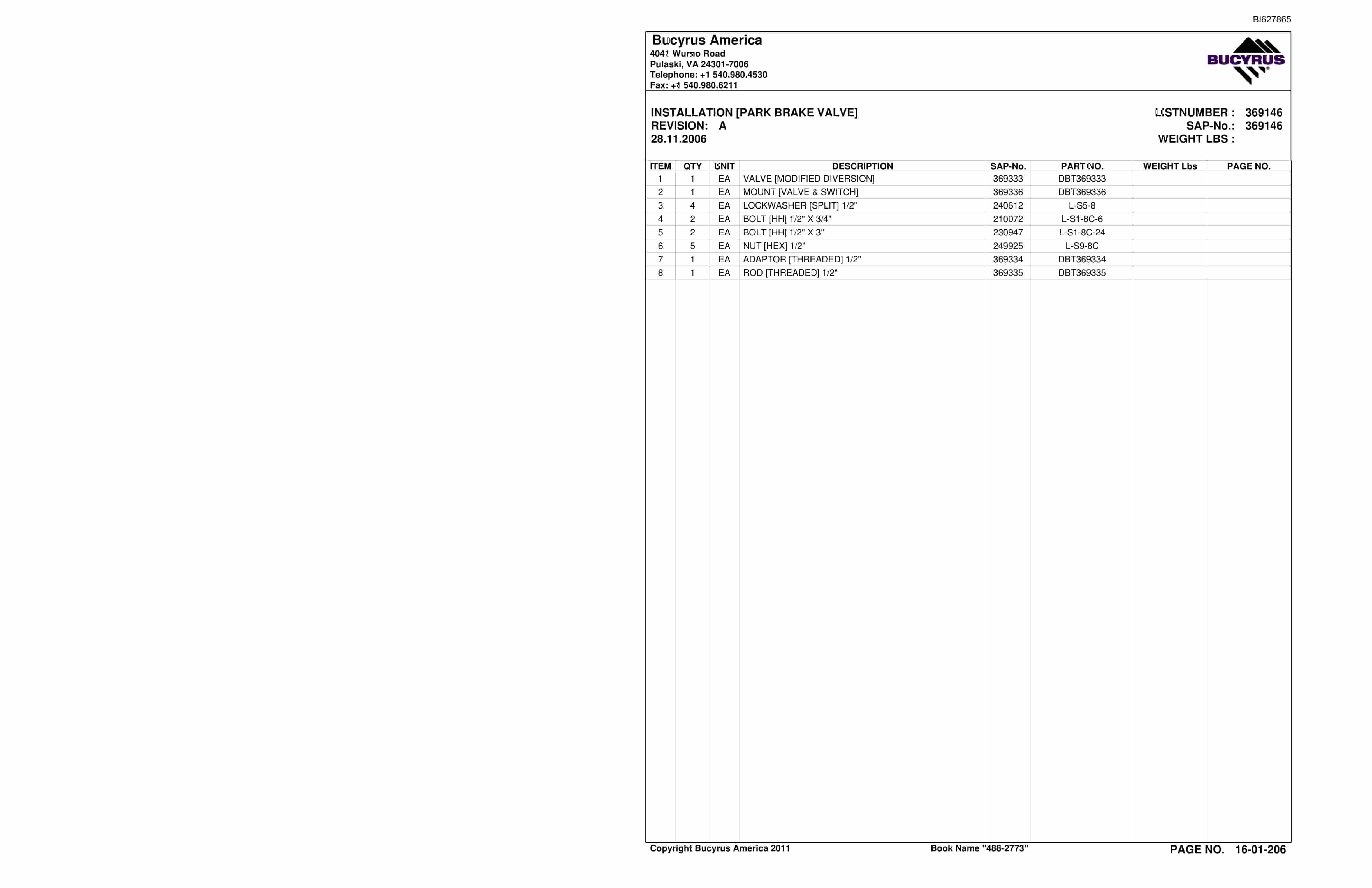 Bucyrus 488-2773 UN-A-TRAC Spare Parts List BI627865-4