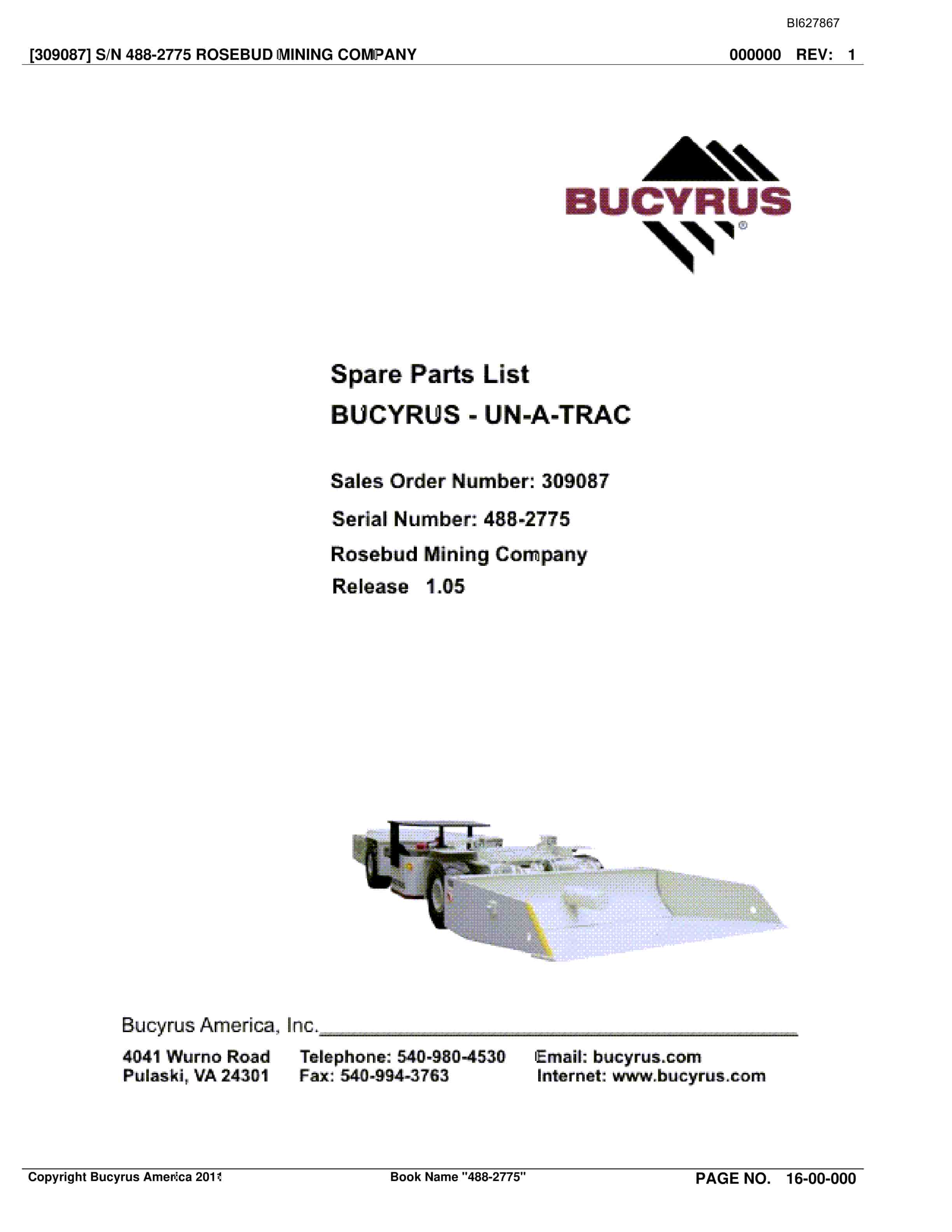 Bucyrus 488-2775 UN-A-TRAC Spare Parts List BI627867