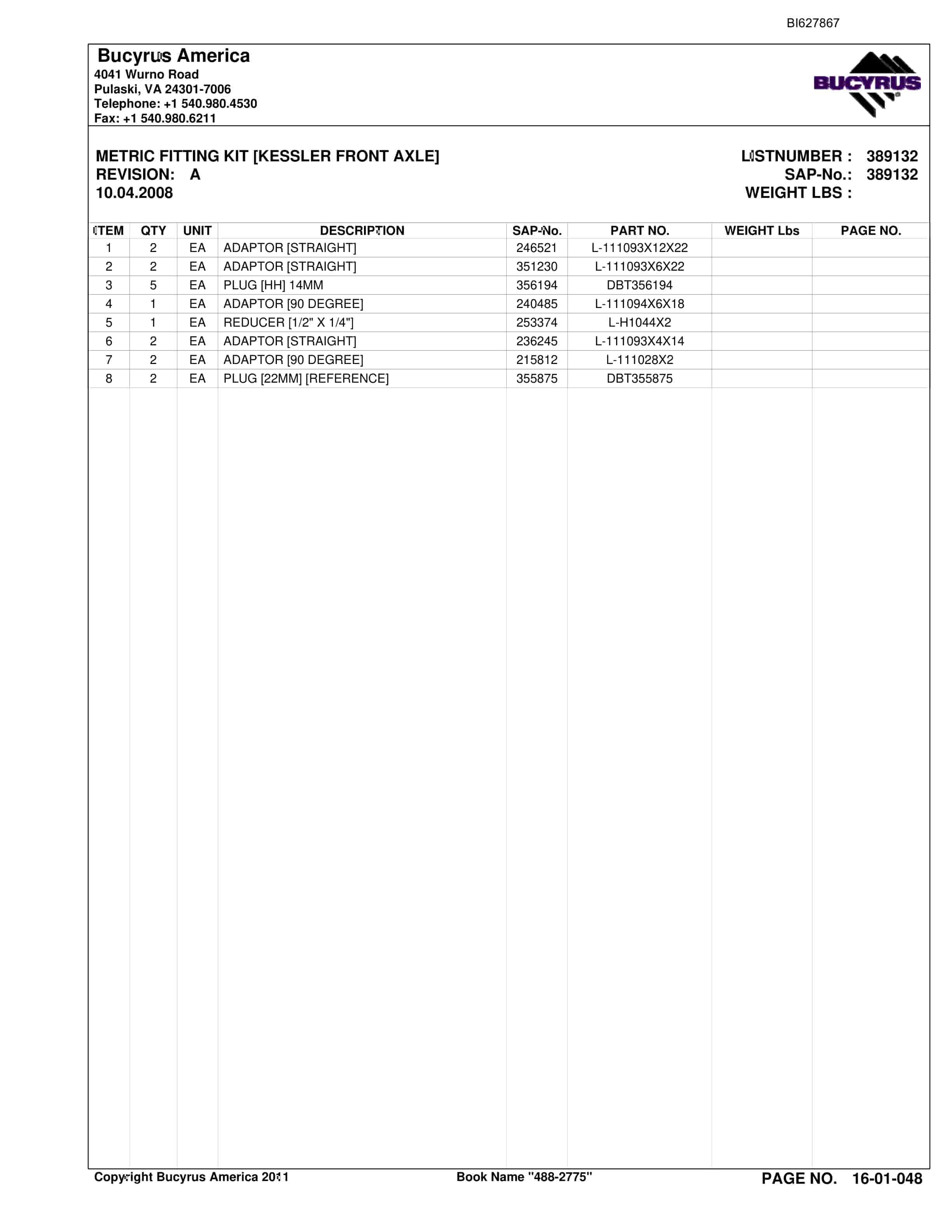 Bucyrus 488-2775 UN-A-TRAC Spare Parts List BI627867-2