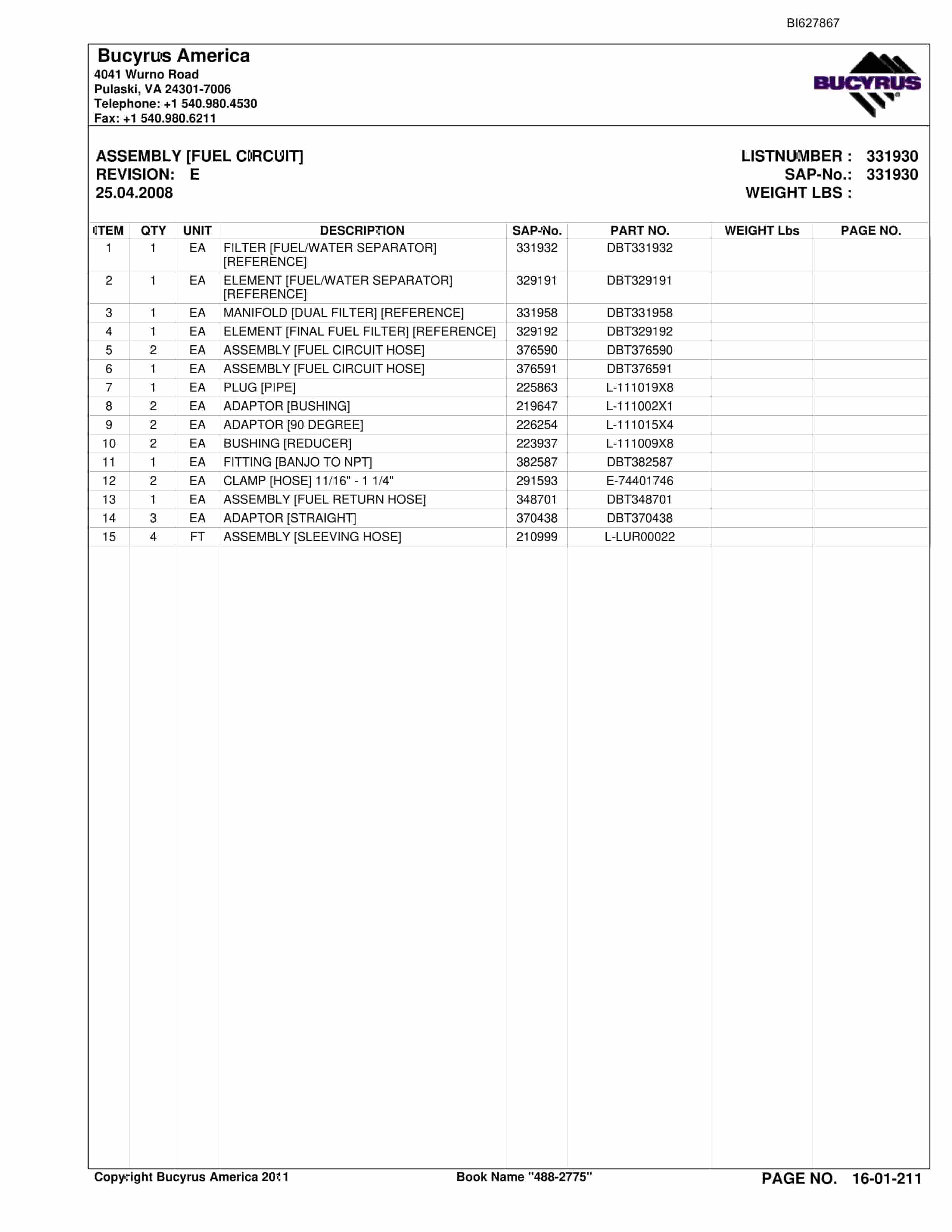 Bucyrus 488-2775 UN-A-TRAC Spare Parts List BI627867-5