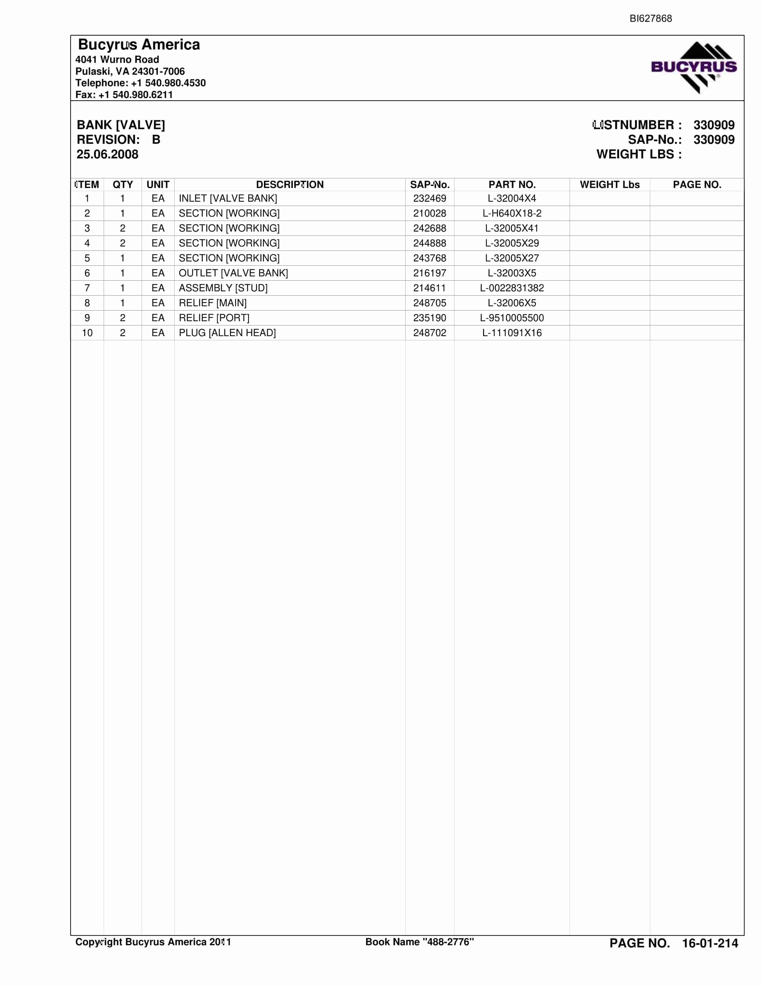 Bucyrus 488-2776 UN-A-TRAC Spare Parts List BI627868-3