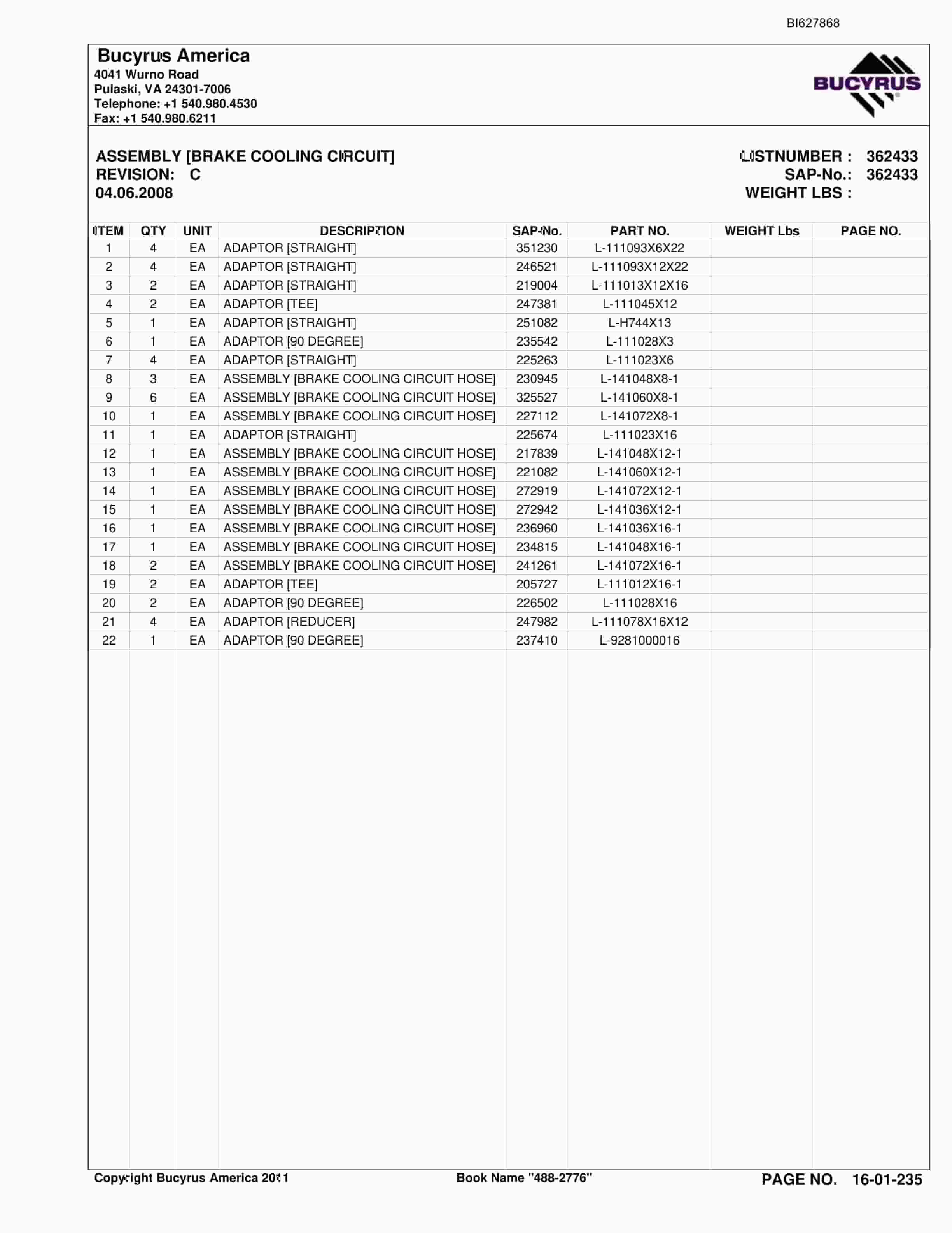 Bucyrus 488-2776 UN-A-TRAC Spare Parts List BI627868-5