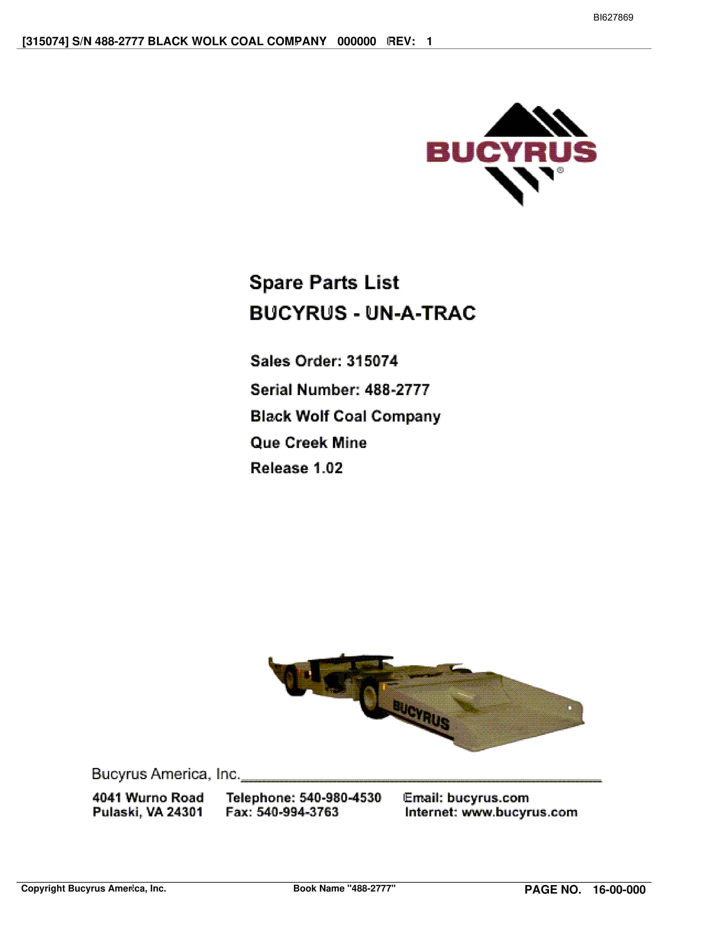 Bucyrus 488-2777 UN-A-TRAC Spare Parts List BI627869