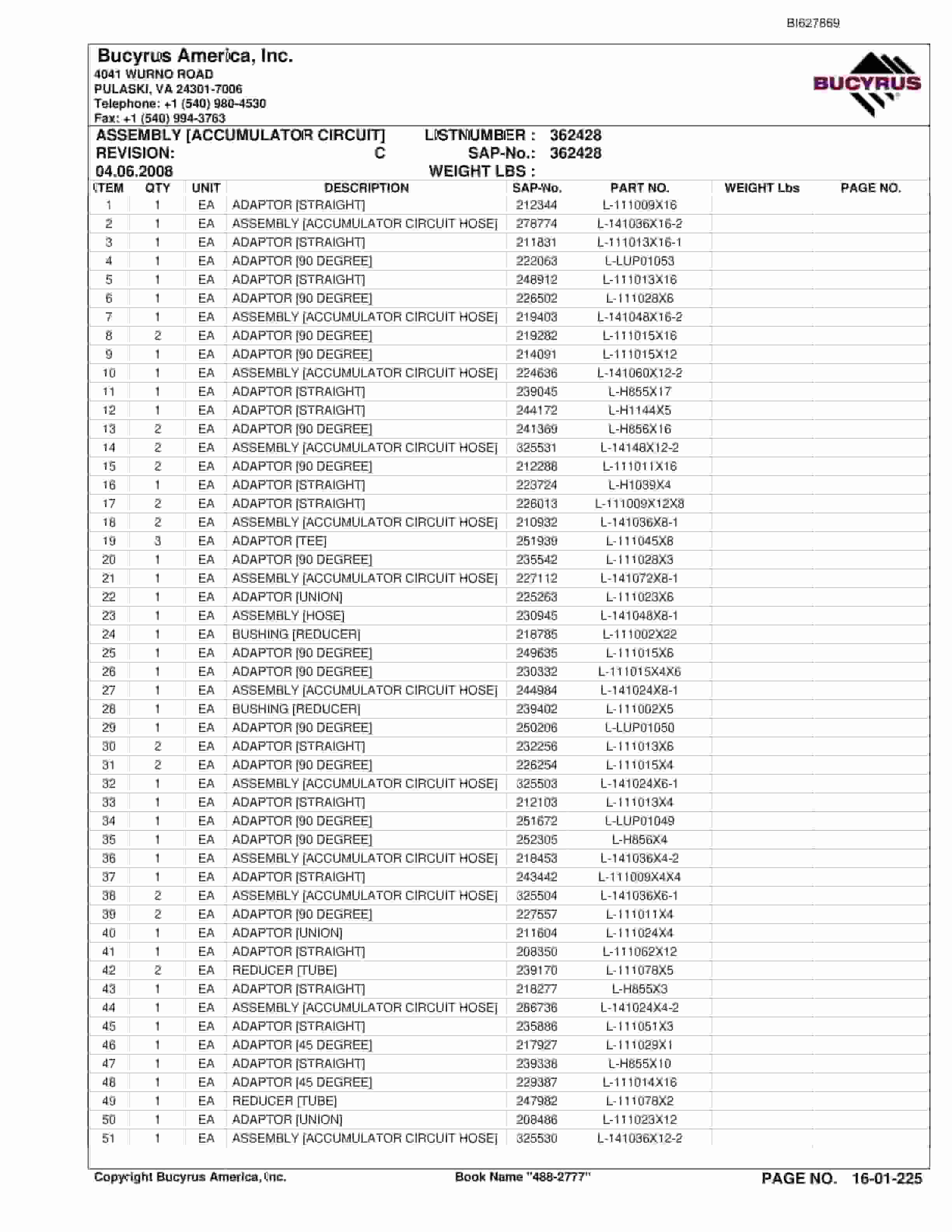 Bucyrus 488-2777 UN-A-TRAC Spare Parts List BI627869-5