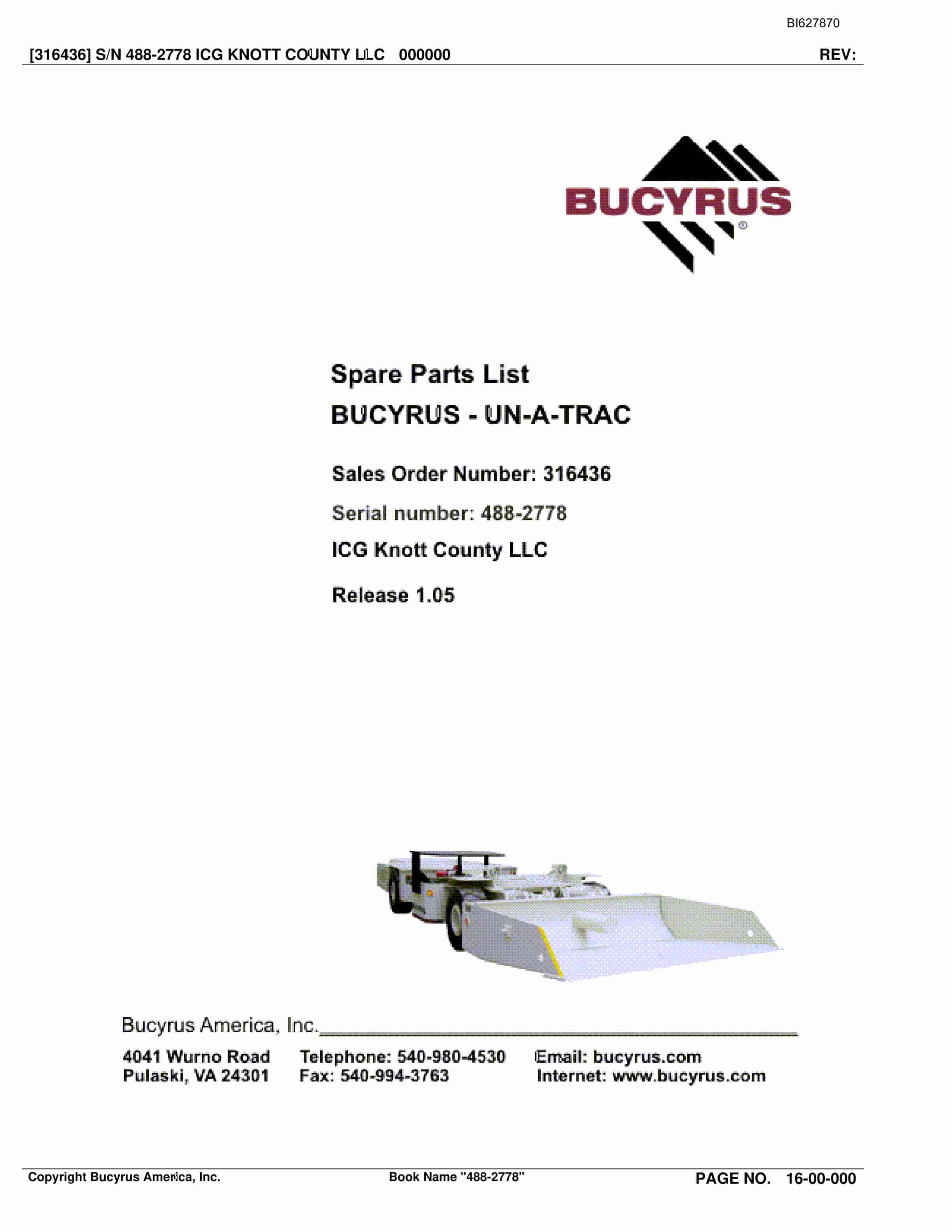 Bucyrus 488-2778 UN-A-TRAC Spare Parts List BI627870
