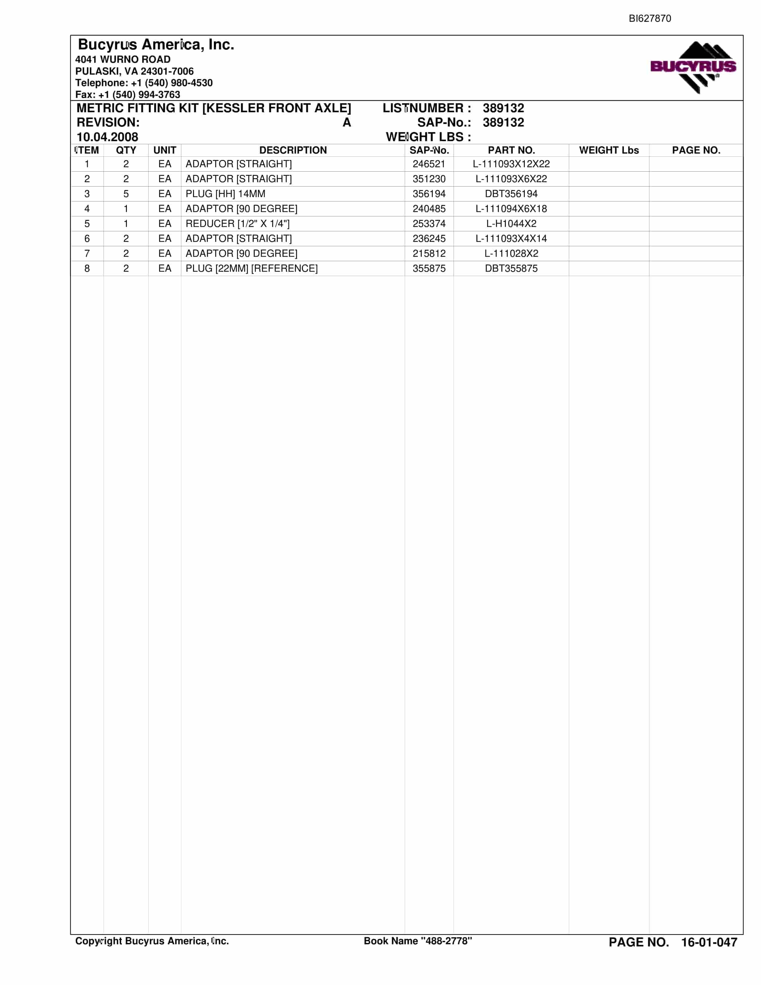 Bucyrus 488-2778 UN-A-TRAC Spare Parts List BI627870-2