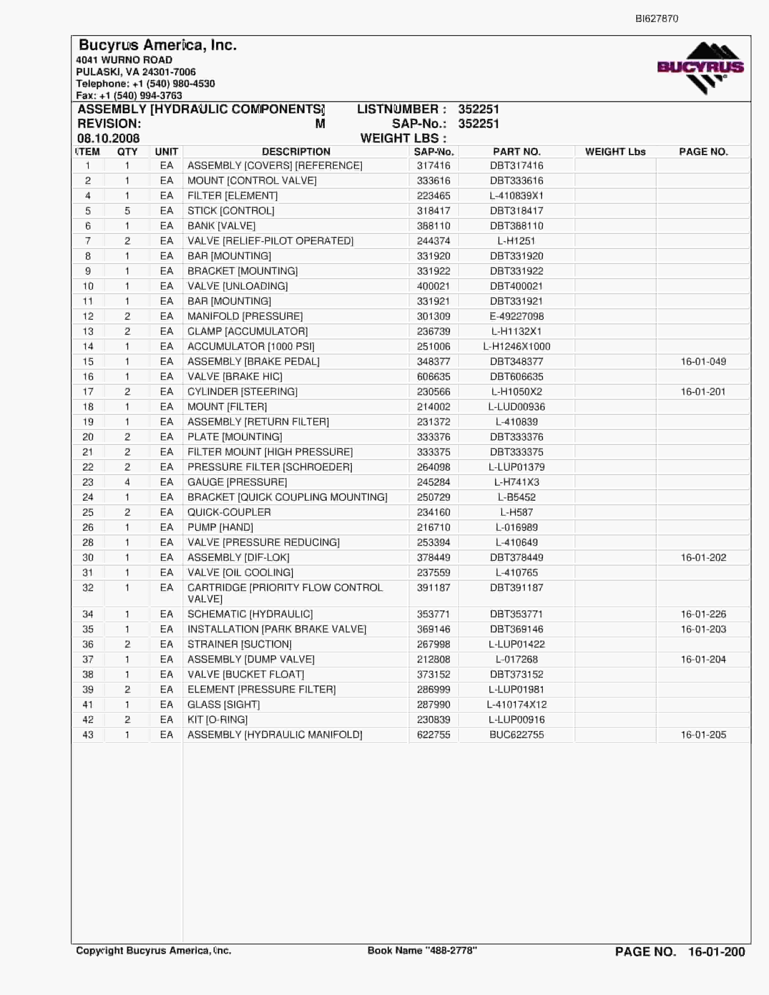 Bucyrus 488-2778 UN-A-TRAC Spare Parts List BI627870-3