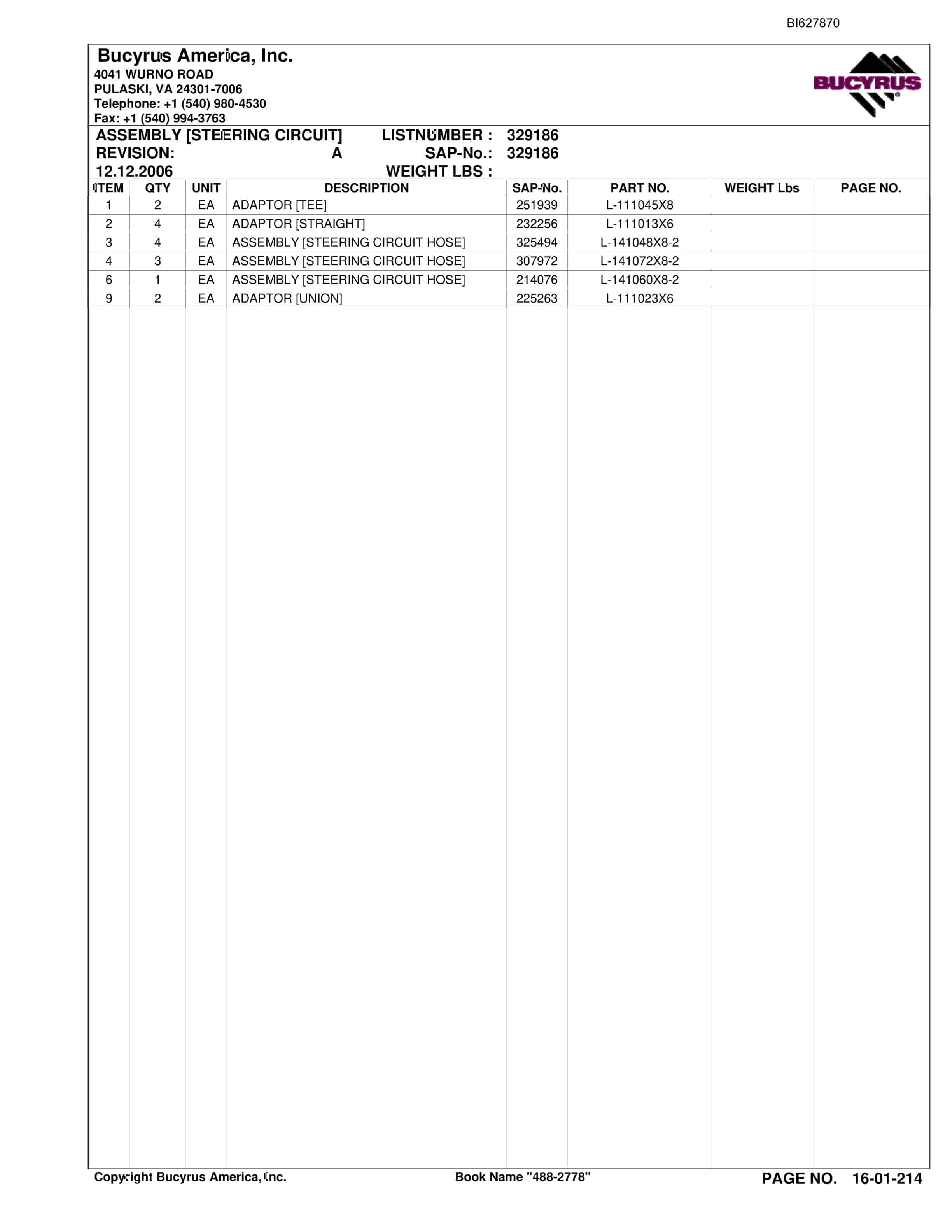Bucyrus 488-2778 UN-A-TRAC Spare Parts List BI627870-5