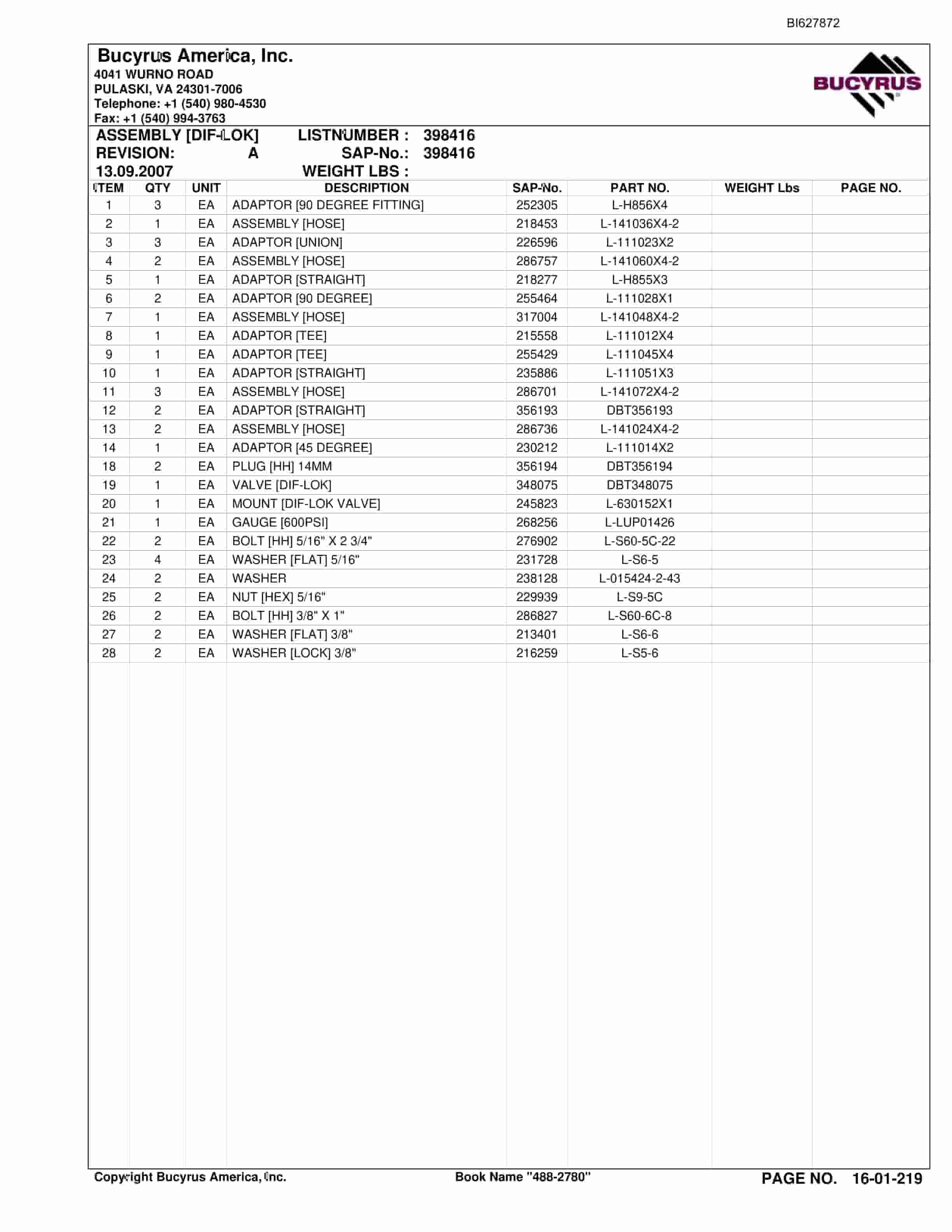 Bucyrus 488-2780 UN-A-TRAC Spare Parts List BI627872-4