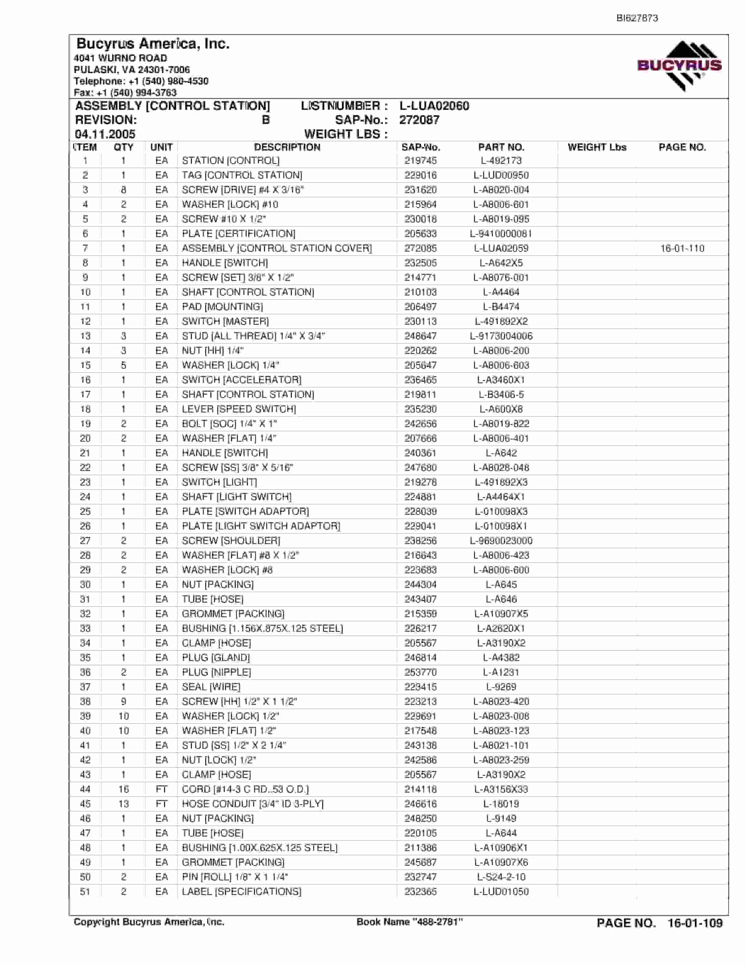 Bucyrus 488-2781 UN-A-TRAC Spare Parts List BI627873-2