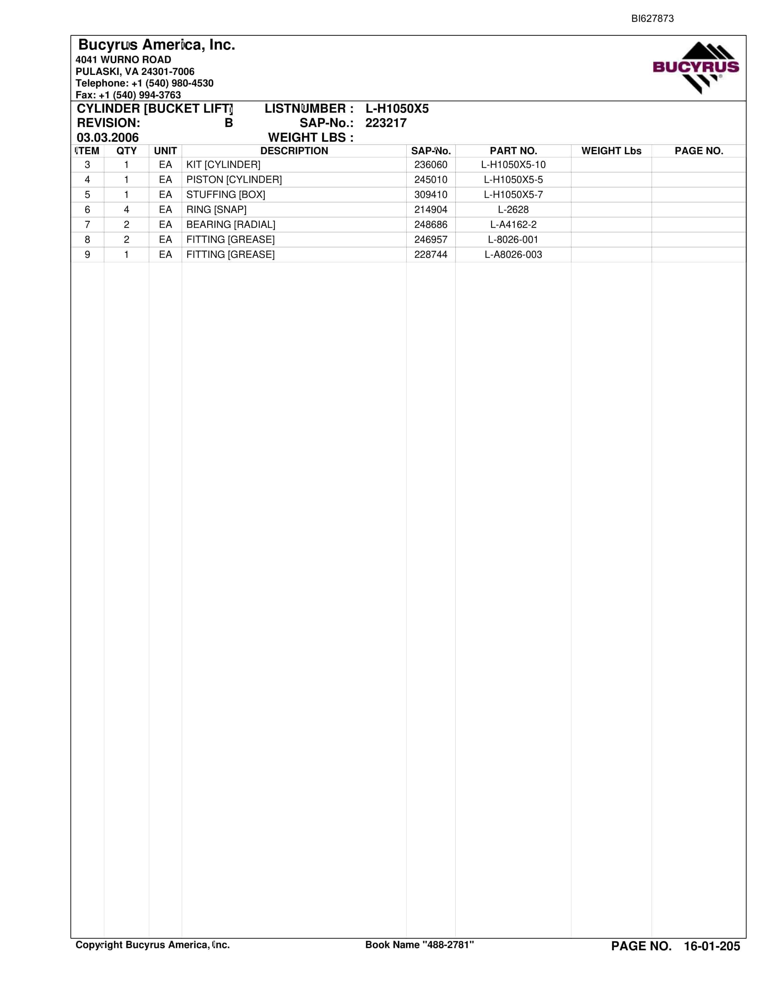 Bucyrus 488-2781 UN-A-TRAC Spare Parts List BI627873-4