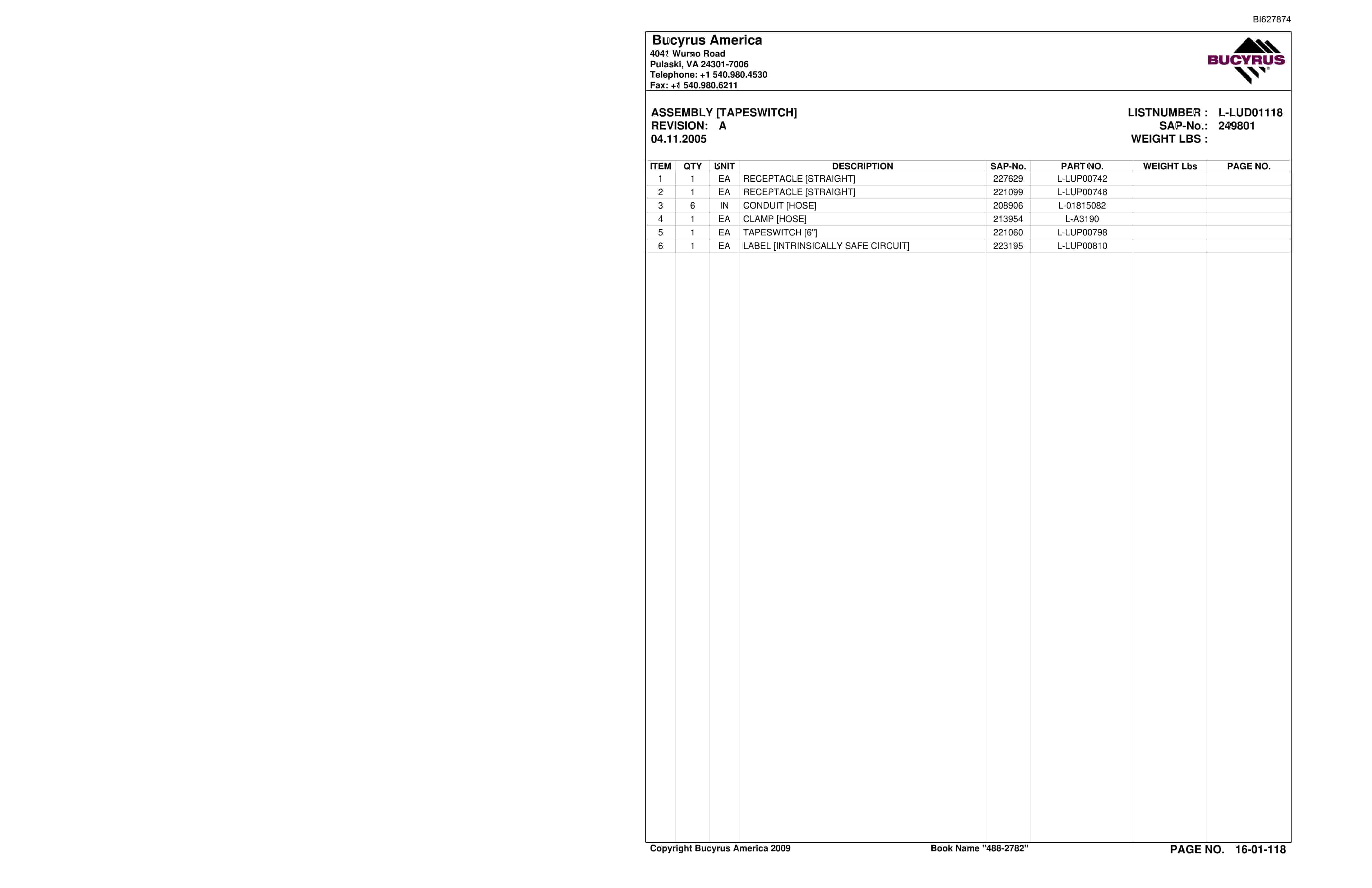 Bucyrus 488-2782 UN-A-TRAC Spare Parts List BI627874-2