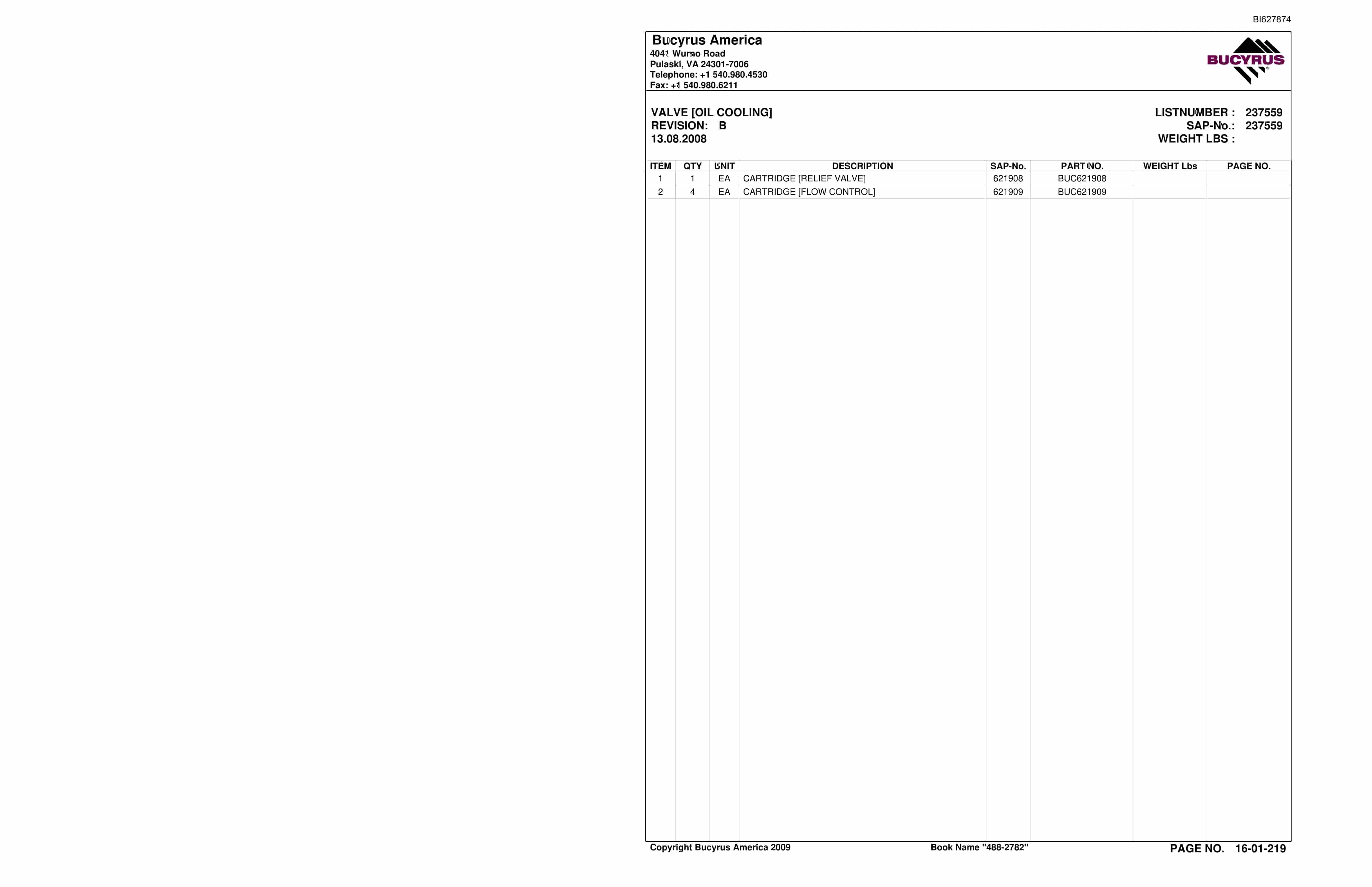 Bucyrus 488-2782 UN-A-TRAC Spare Parts List BI627874-4