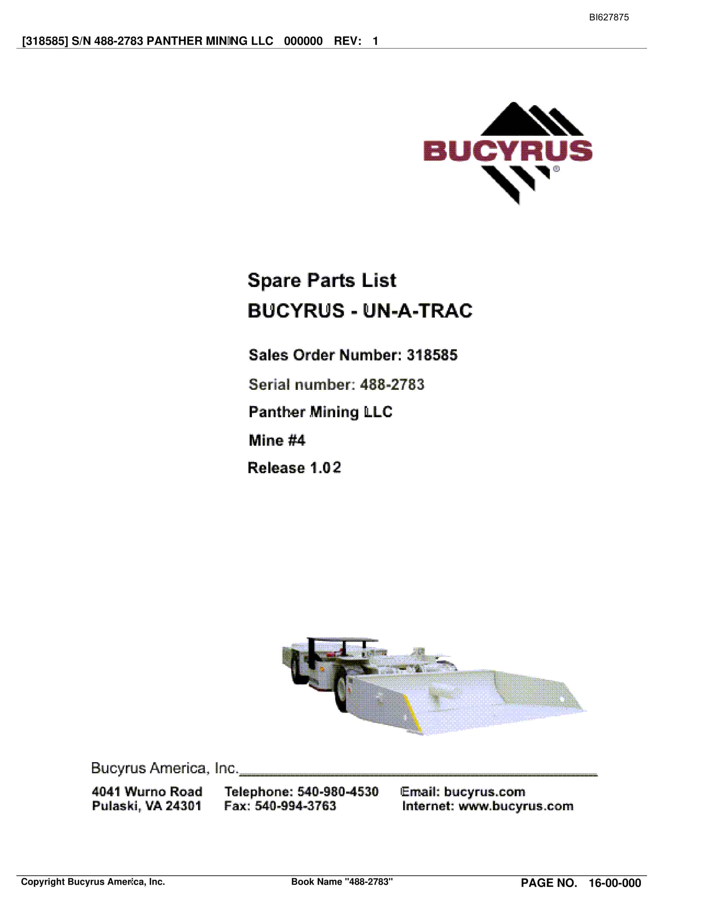 Bucyrus 488-2783 UN-A-TRAC Spare Parts List BI627875