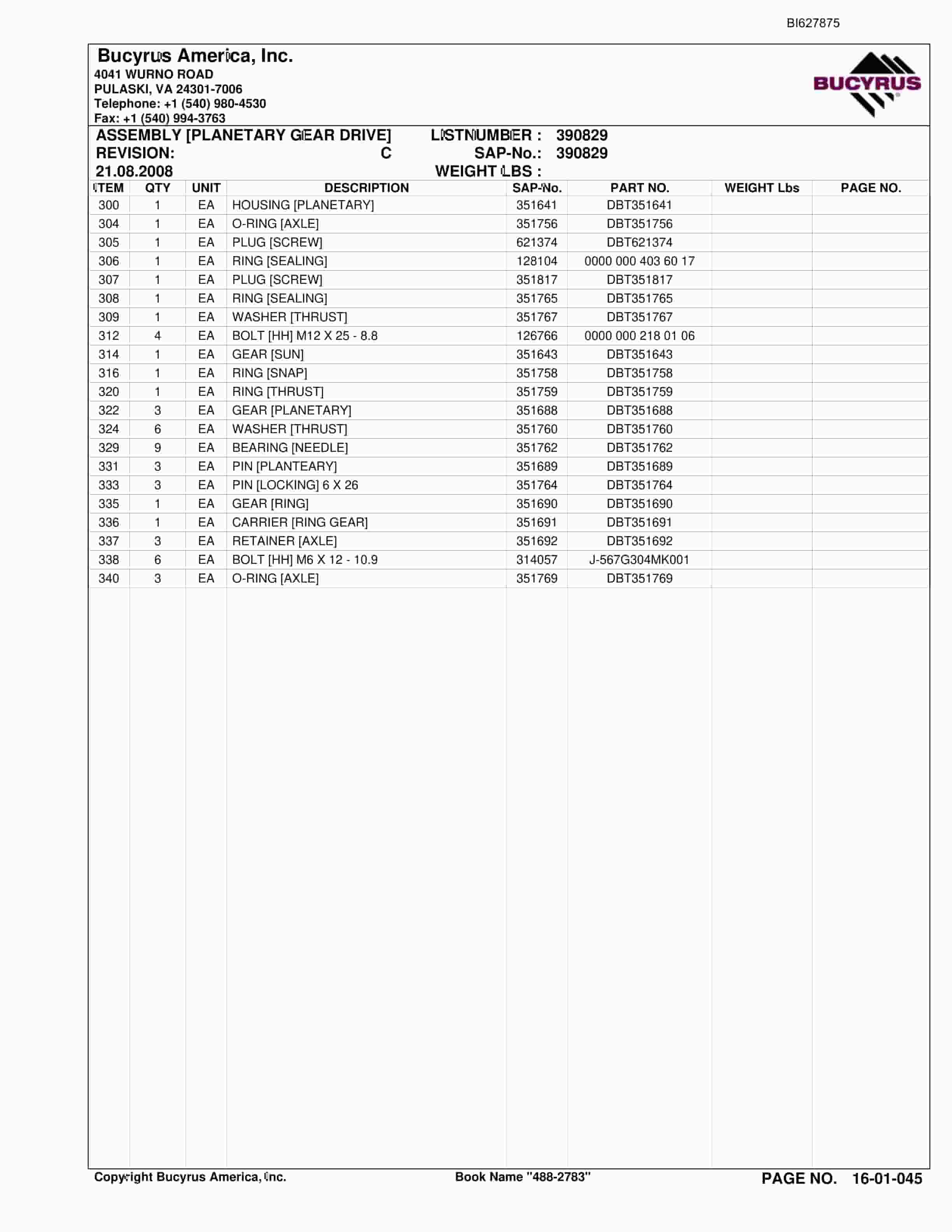 Bucyrus 488-2783 UN-A-TRAC Spare Parts List BI627875-2