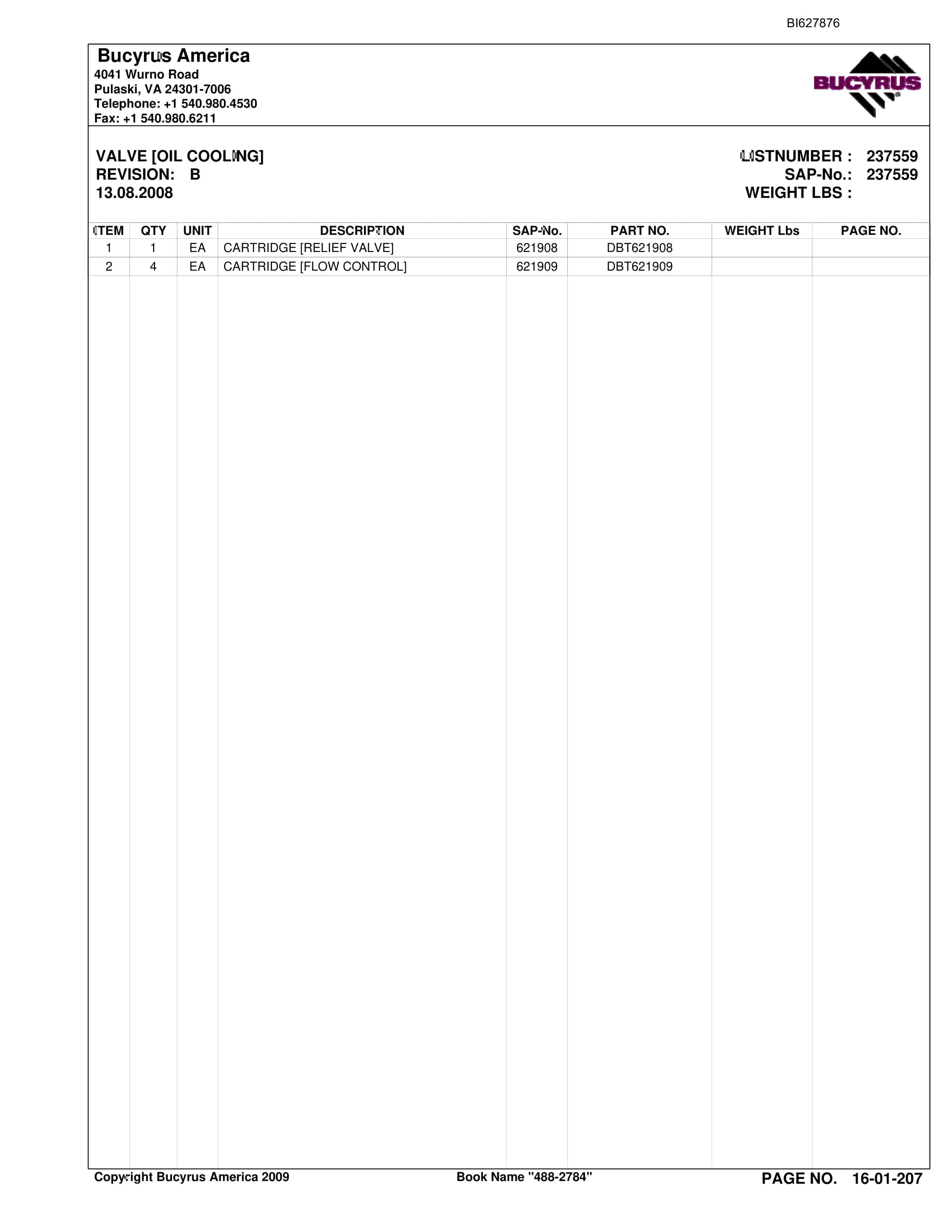 Bucyrus 488-2784 UN-A-TRAC Spare Parts List BI627876-3