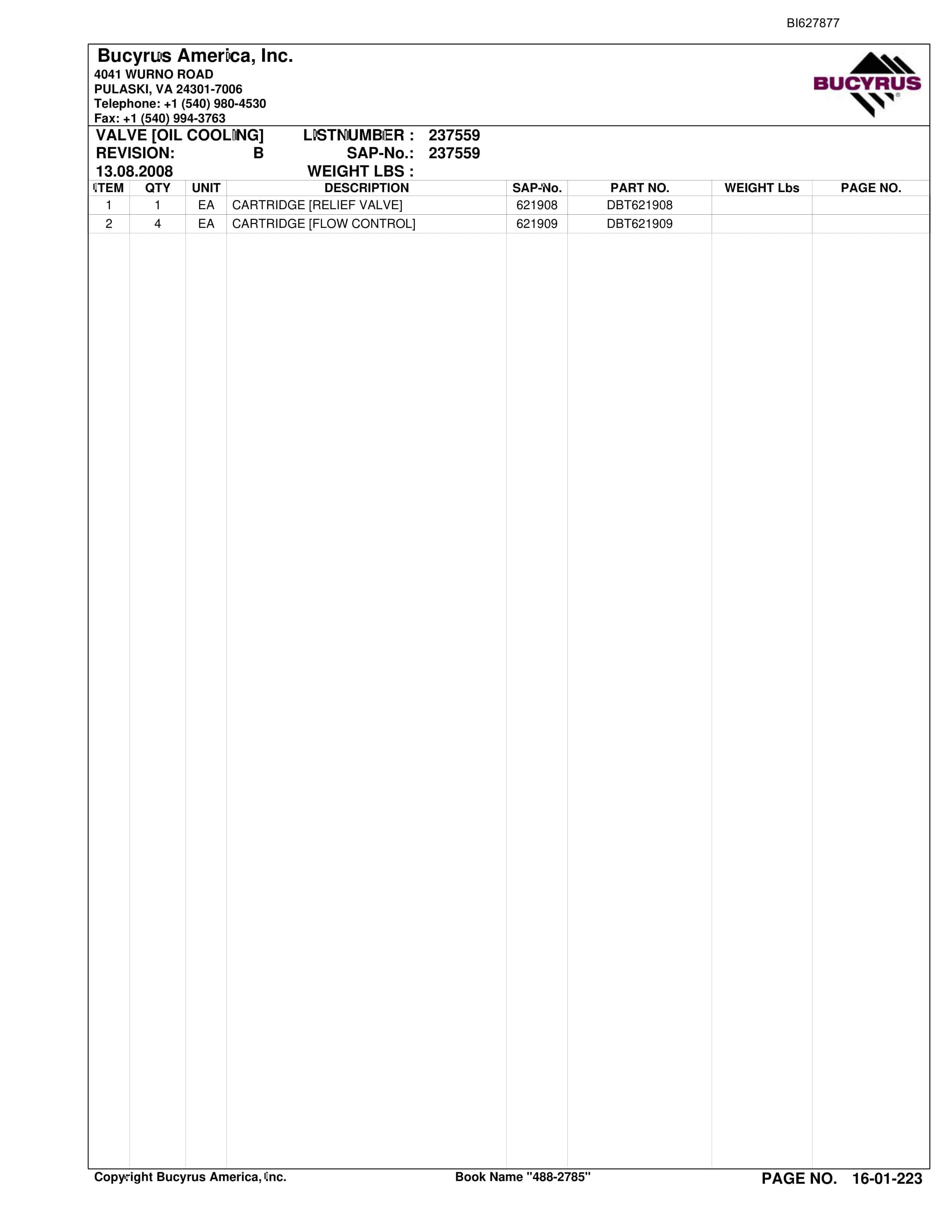 Bucyrus 488-2785 UN-A-TRAC Spare Parts List BI627877-4