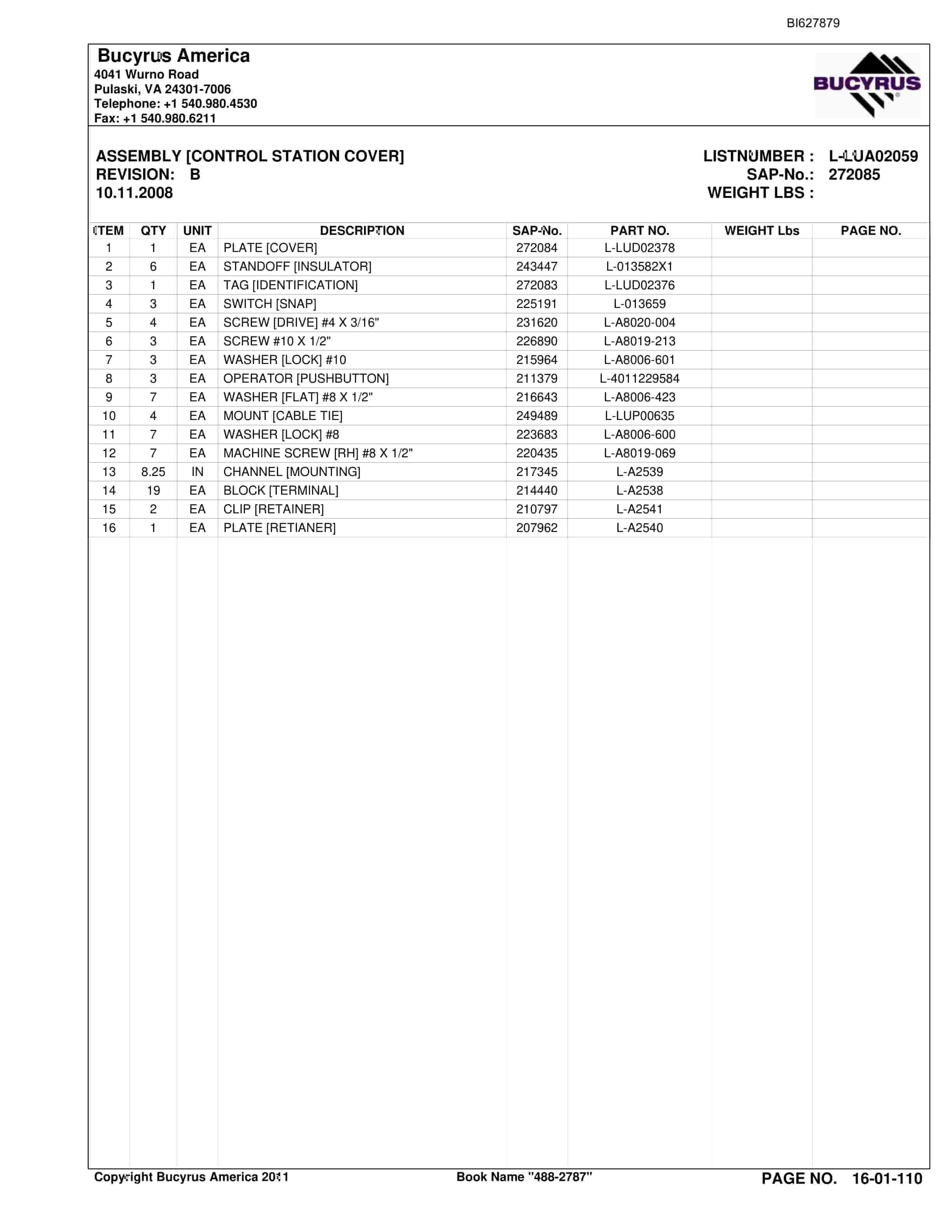 Bucyrus 488-2787 UN-A-TRAC Spare Parts List BI627879-2