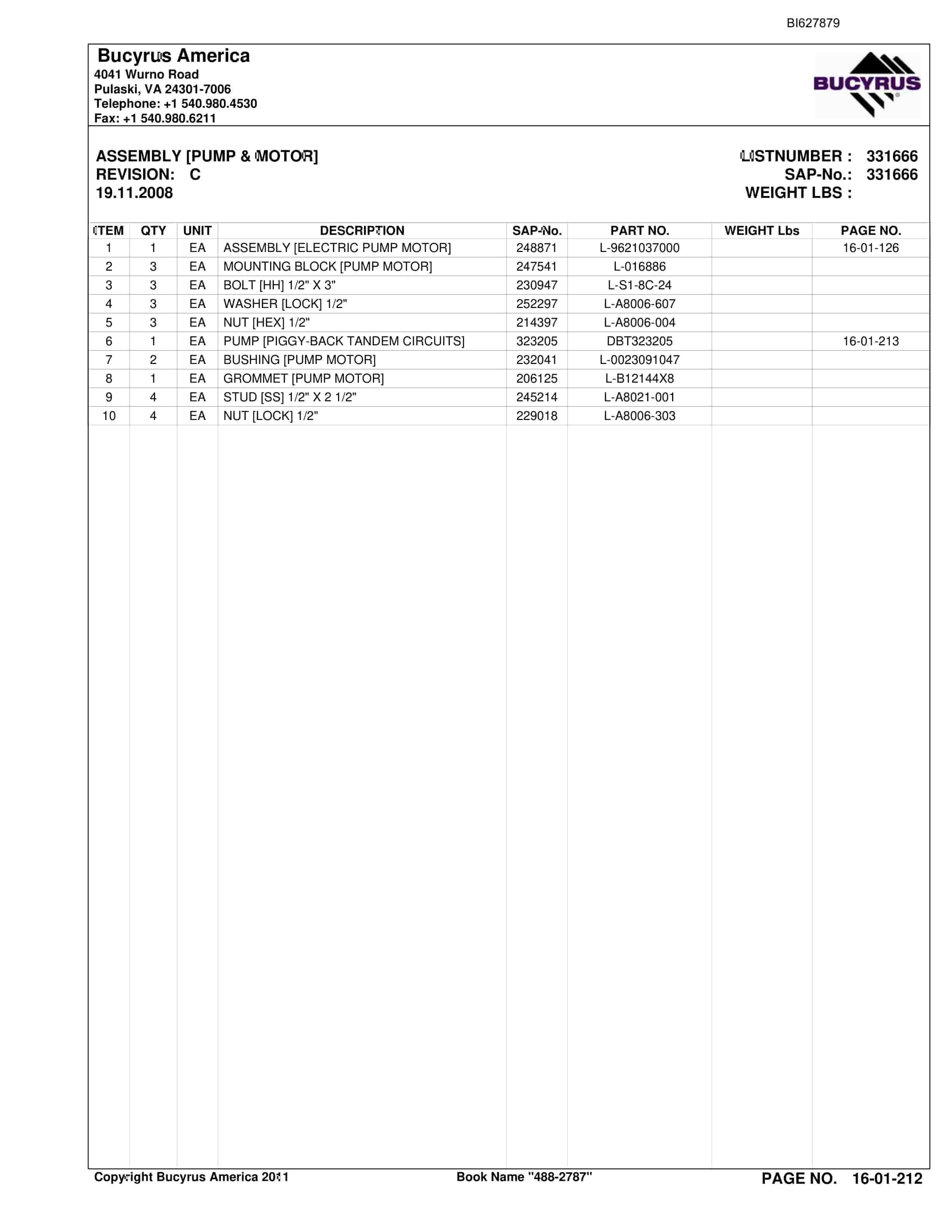 Bucyrus 488-2787 UN-A-TRAC Spare Parts List BI627879-4