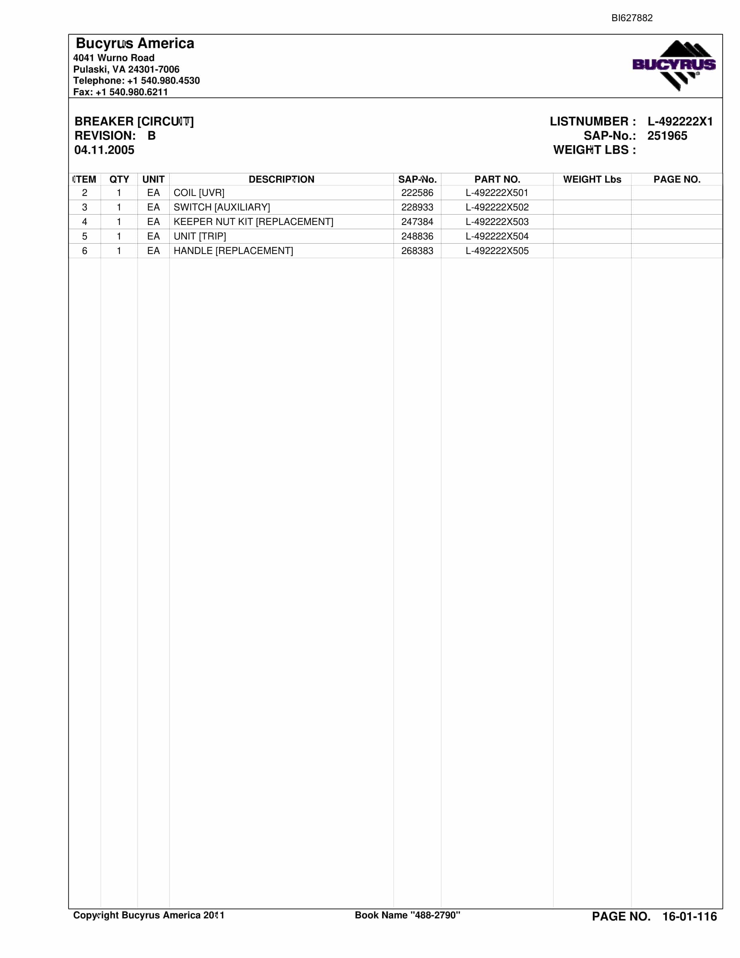 Bucyrus 488-2790 UN-A-TRAC Spare Parts List BI627882-2