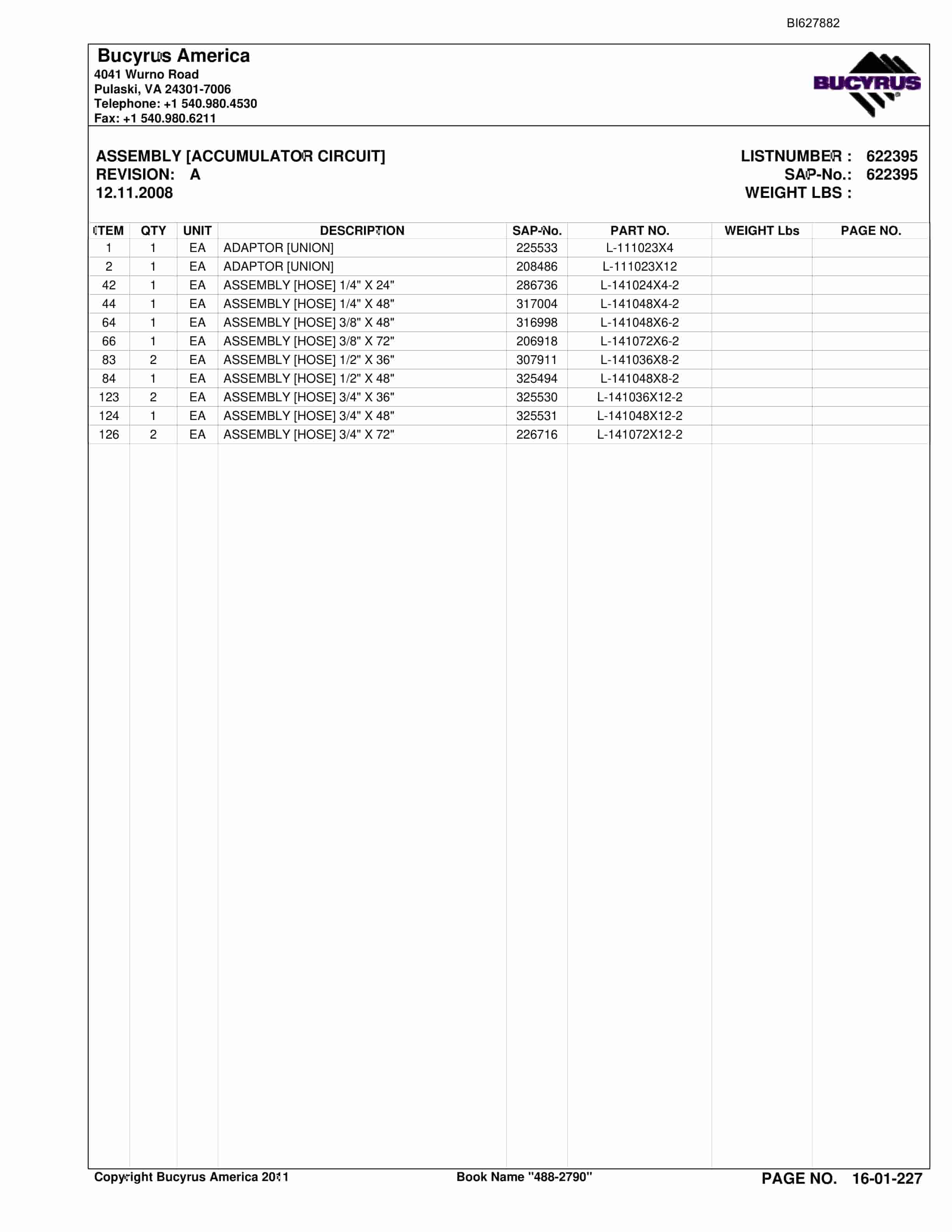 Bucyrus 488-2790 UN-A-TRAC Spare Parts List BI627882-5
