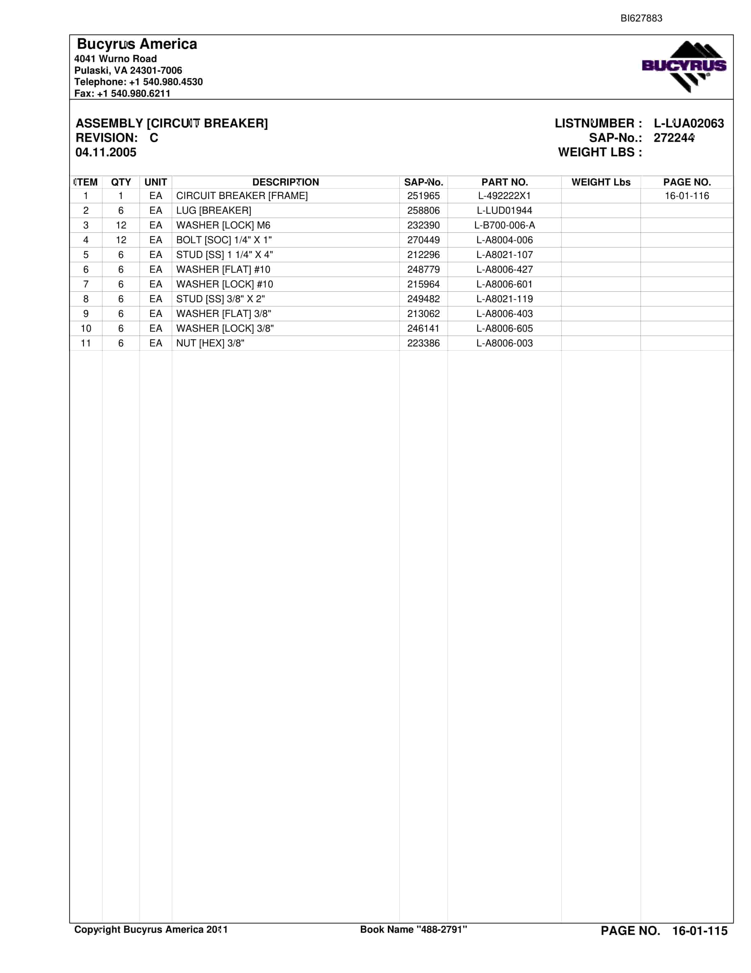 Bucyrus 488-2791 UN-A-TRAC Spare Parts List BI627883-2