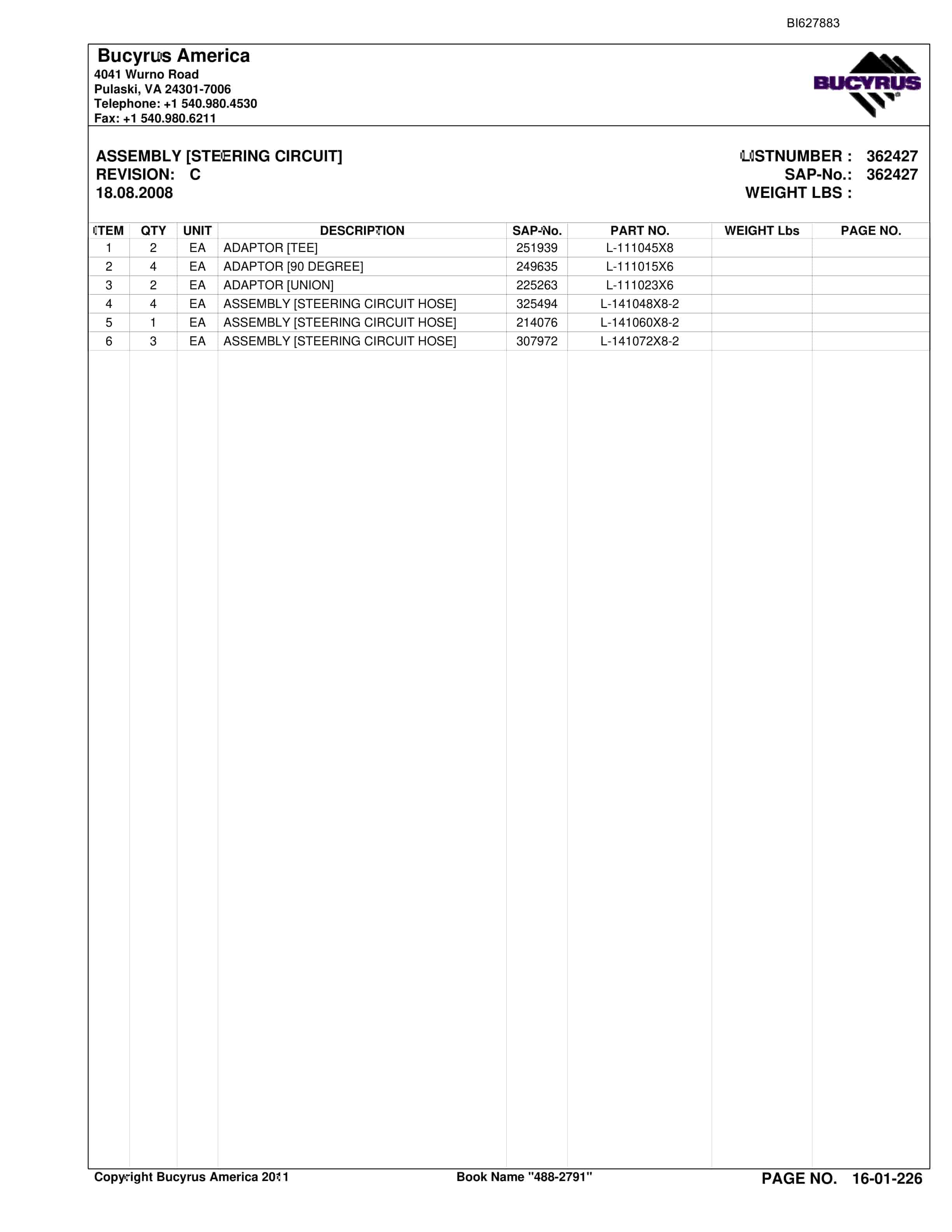 Bucyrus 488-2791 UN-A-TRAC Spare Parts List BI627883-5