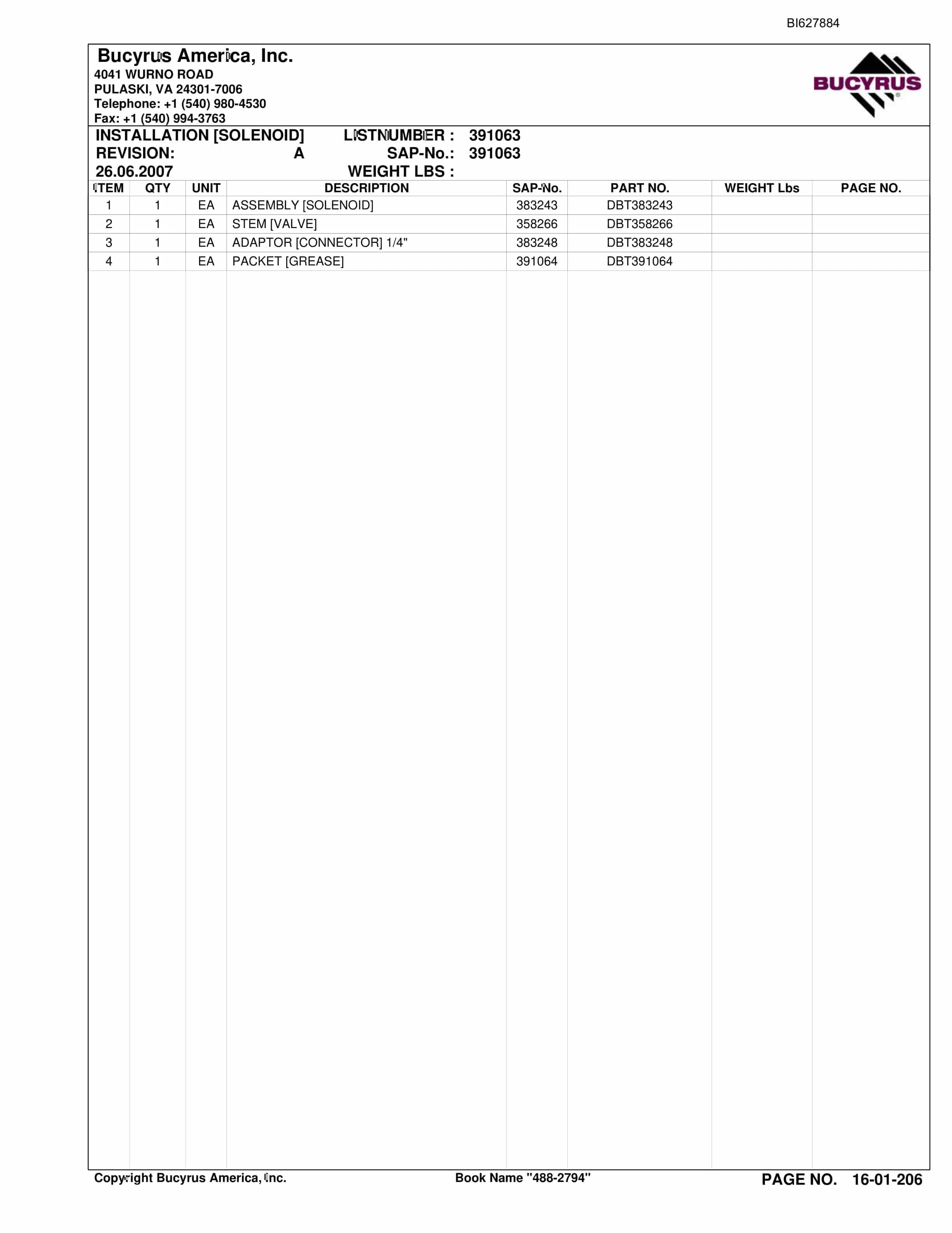 Bucyrus 488-2794 UN-A-TRAC Spare Parts List BI627884-3