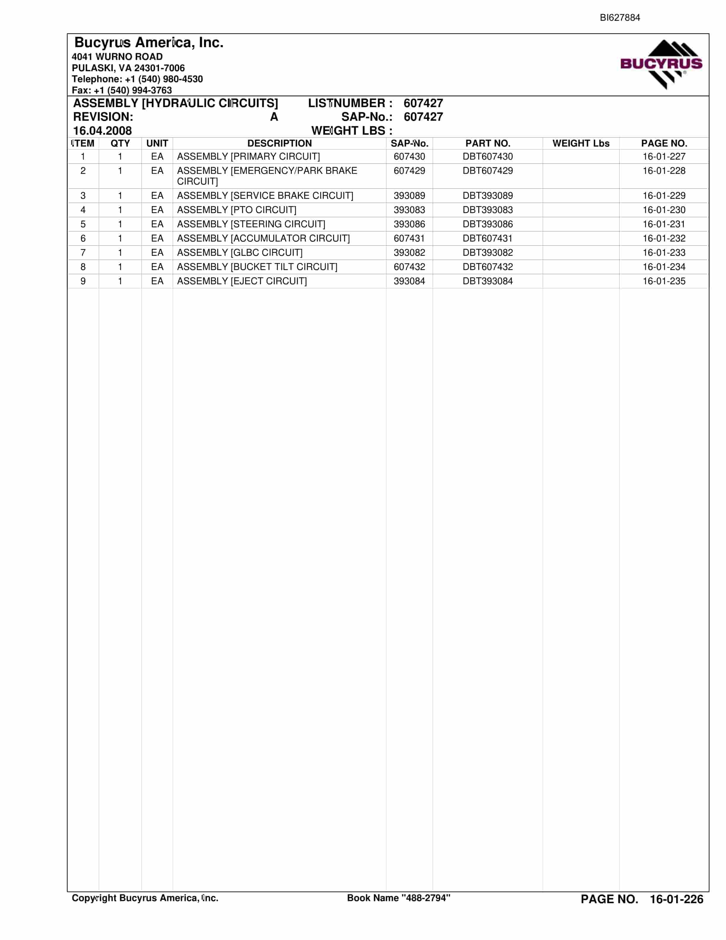 Bucyrus 488-2794 UN-A-TRAC Spare Parts List BI627884-5