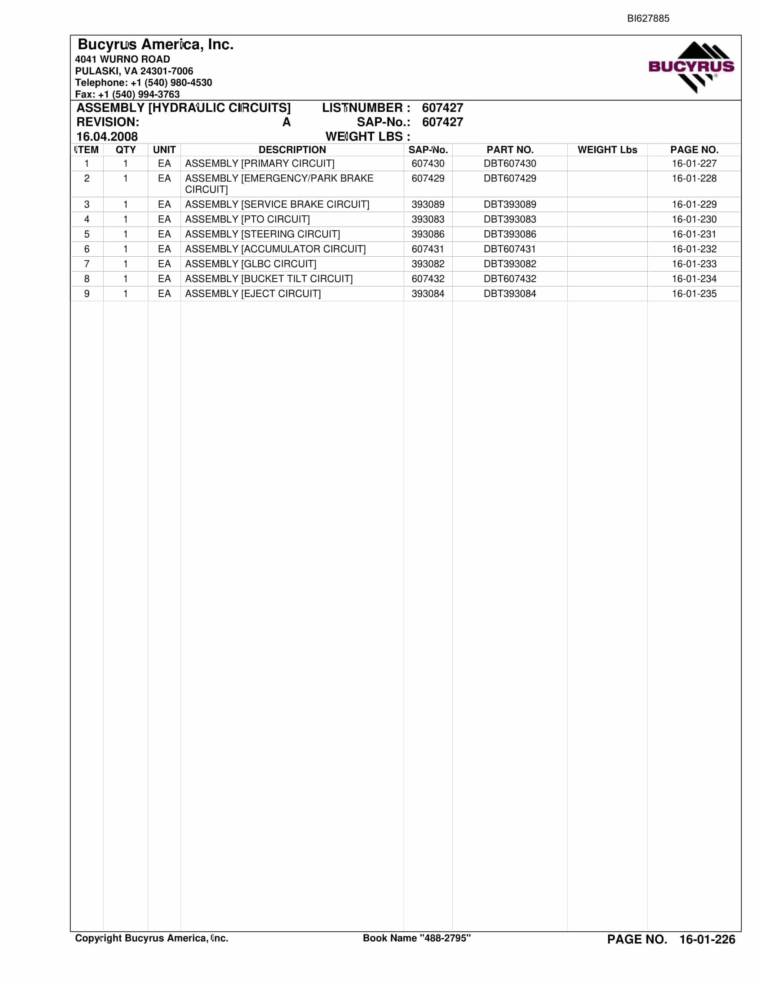 Bucyrus 488-2795 UN-A-TRAC Spare Parts List BI627885-5