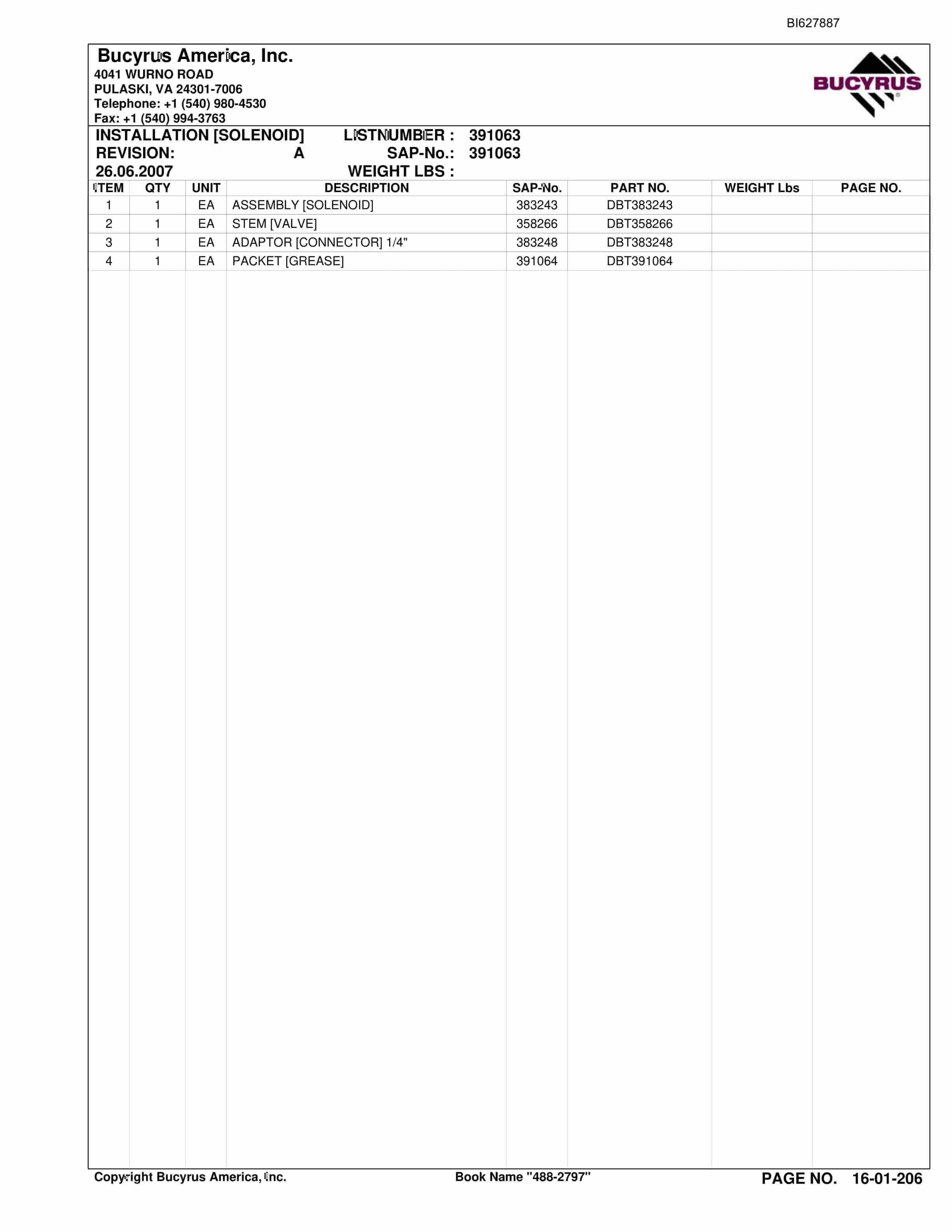 Bucyrus 488-2797 UN-A-TRAC Spare Parts List BI627887-3