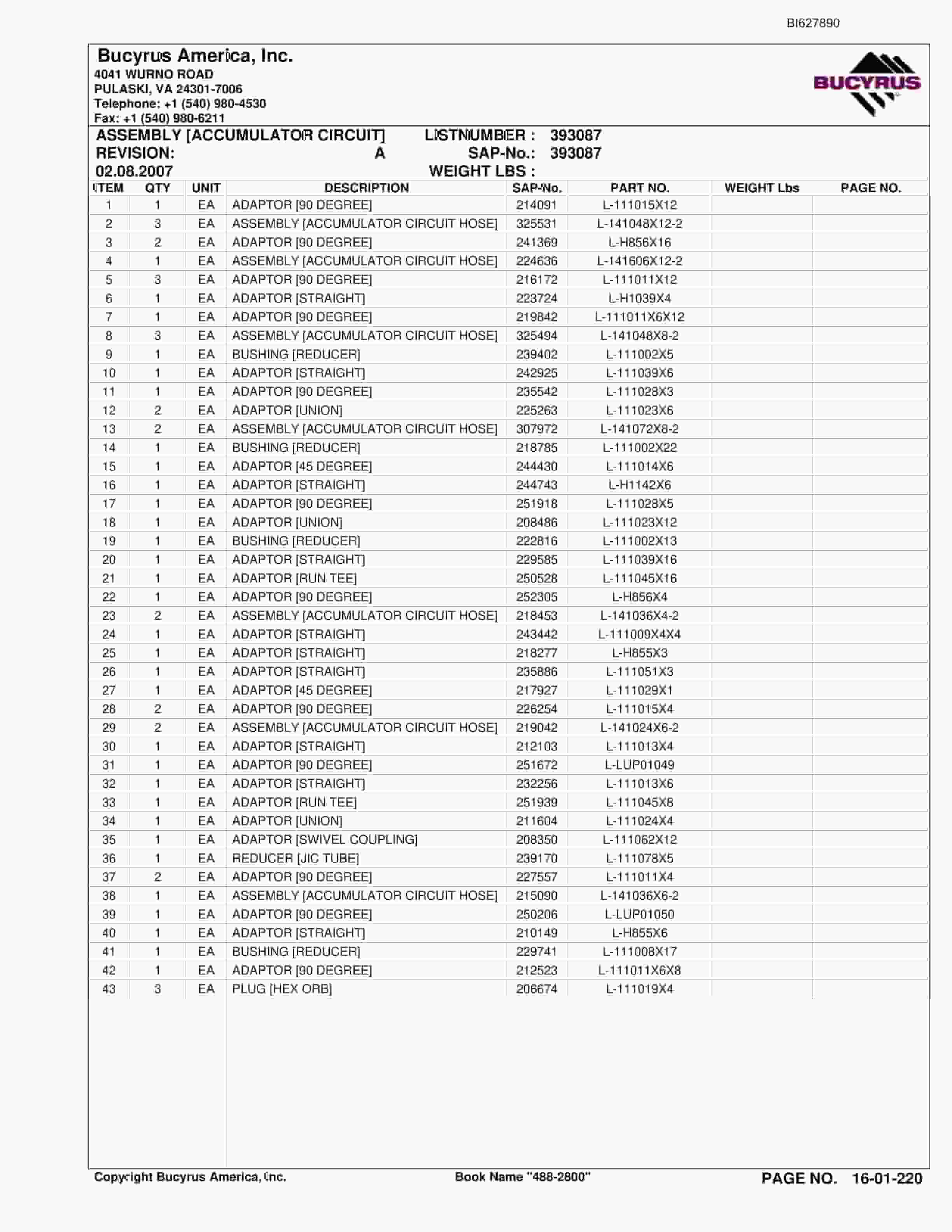 Bucyrus 488-2800 UN-A-TRAC Spare Parts List BI627890-5